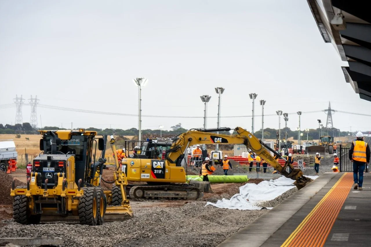 Melton Line Upgrade construction works at Cobblebank with excavators, rail corridor works and platform upgrade activity