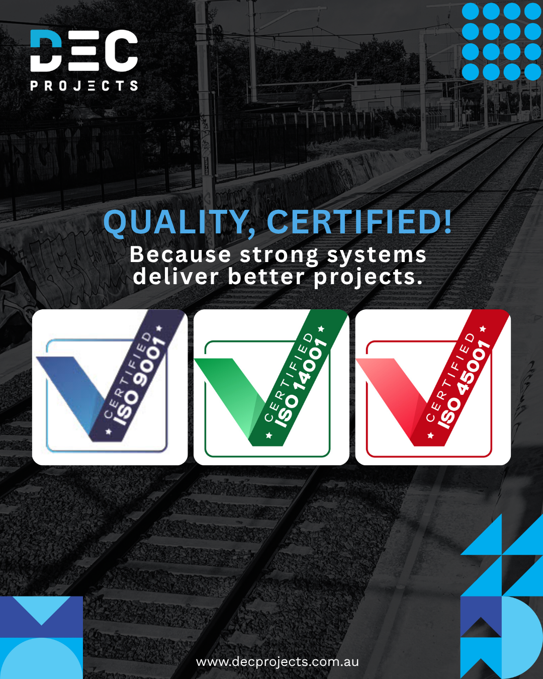 DEC Projects ISO 9001, ISO 14001 and ISO 45001 certification announcement for quality, environmental and safety management systems.