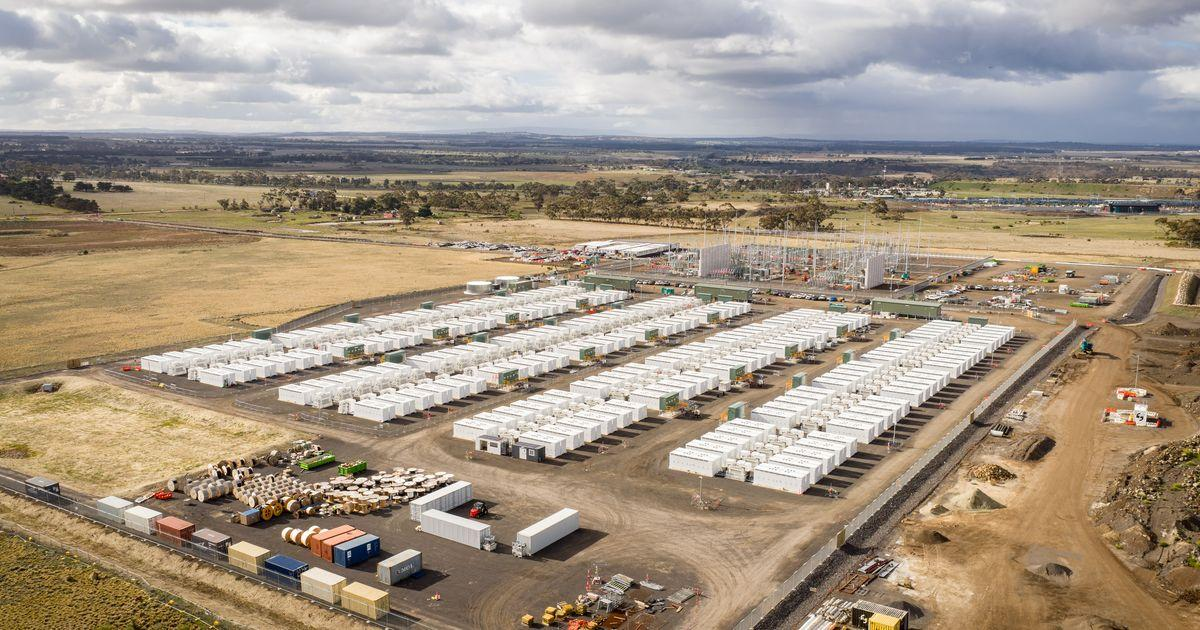 Melbourne Renewable Energy Hub battery energy storage facility in Plumpton showing large-scale BESS units and electrical infrastructure