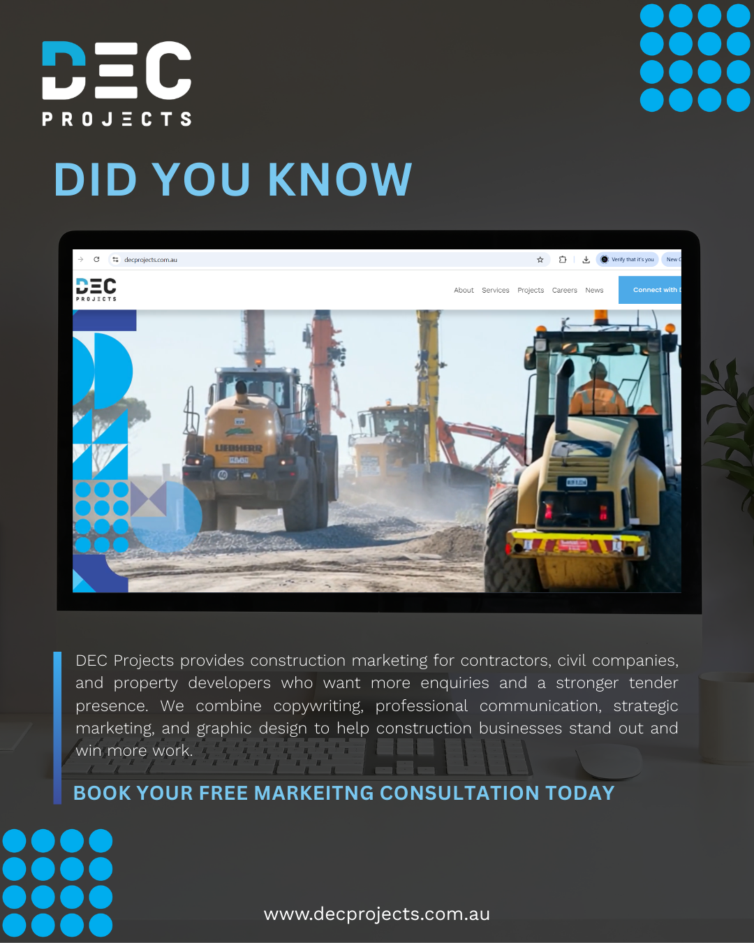 DEC Projects construction marketing graphic promoting marketing services for contractors, civil companies and property developers, including tender support, website development, brand development and strategic marketing.