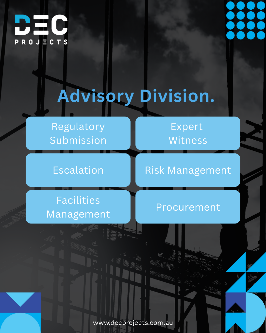 DEC Projects Advisory Division services graphic listing infrastructure advisory support: regulatory submissions, expert witness, cost escalation analysis, risk management, facilities management and procurement in Australia.