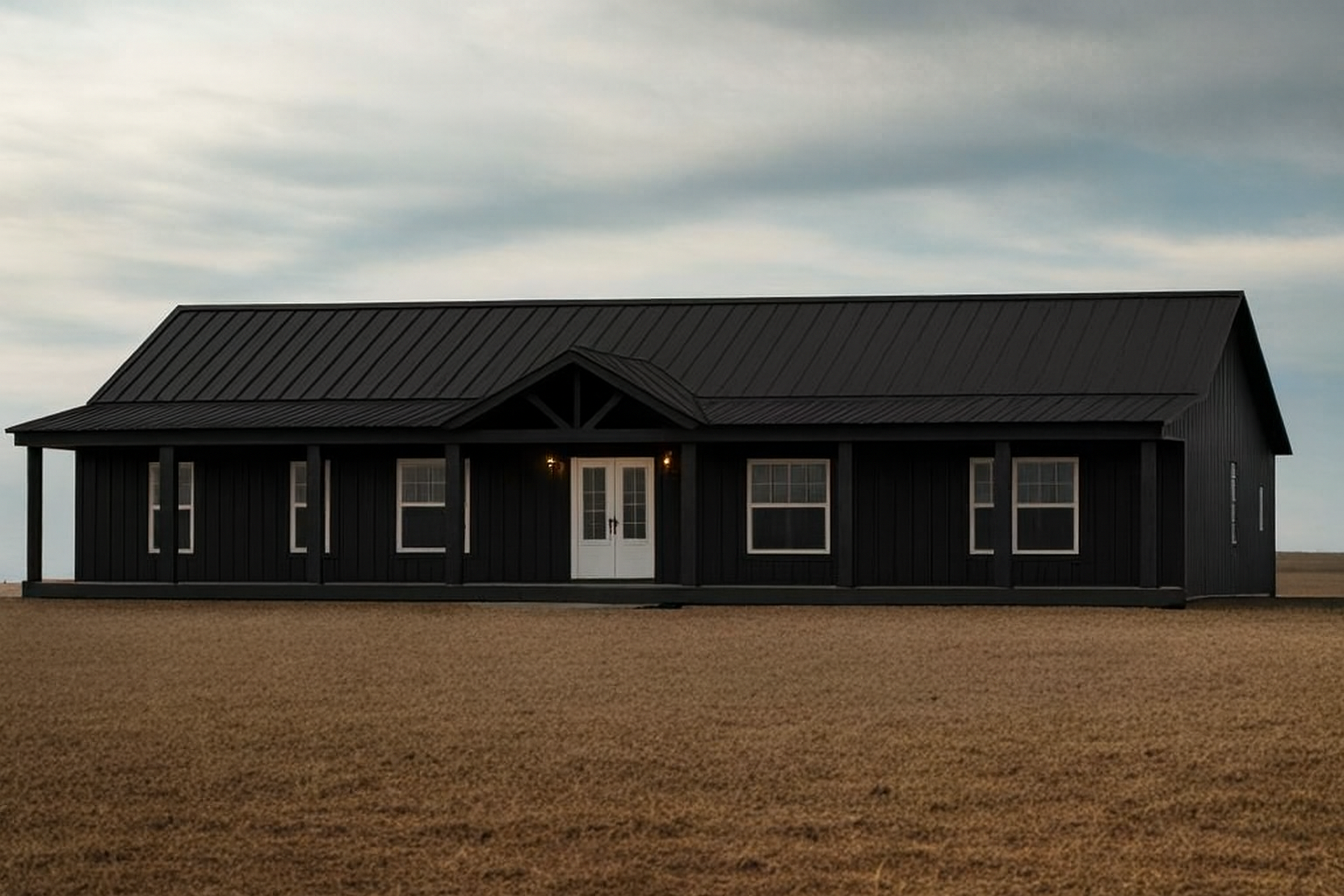 A black house with a metal roof in an open field, with five windows and a white front door, under a cloudy sky.