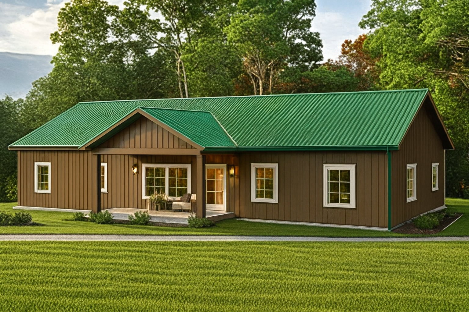 A modern house with brown exterior siding, white window frames, and a green metal roof, surrounded by green grass and trees in the background.