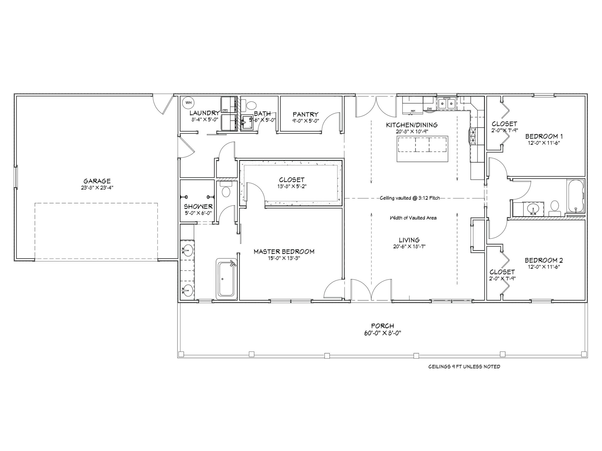 Architectural floor plan of a house showing a porch, living room, kitchen/dining area, master bedroom with a bathroom, two additional bedrooms, a laundry room, pantry, bathroom, garage, and closets.