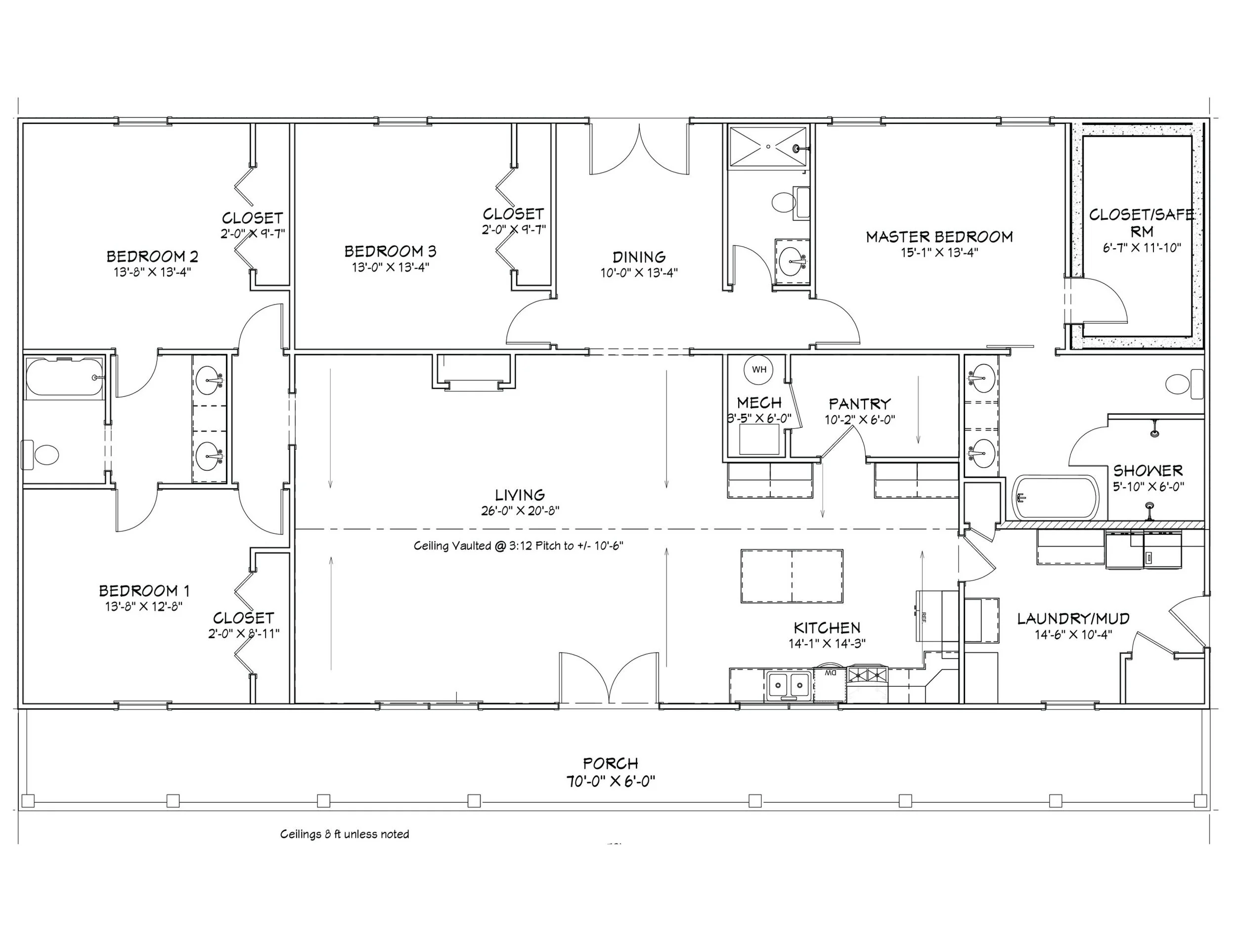 Floor plan of a house showing bedrooms, living room, kitchen, bathrooms, laundry, pantry, porch, and closets.