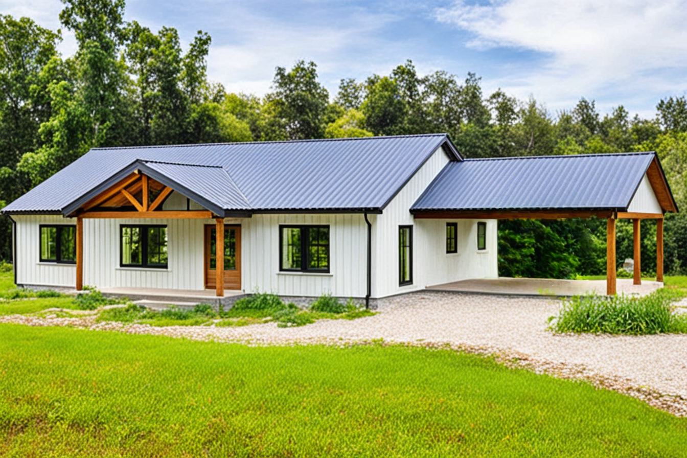A modern white house with a blue metal roof, surrounded by a green lawn and trees in the background.