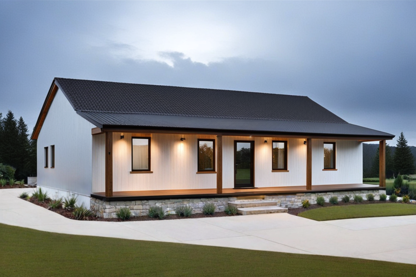 Modern single-story house with white exterior walls, a black roof, wooden accents, a front porch with lighting, a stone foundation, surrounded by landscaping and a curved driveway, under a cloudy sky.