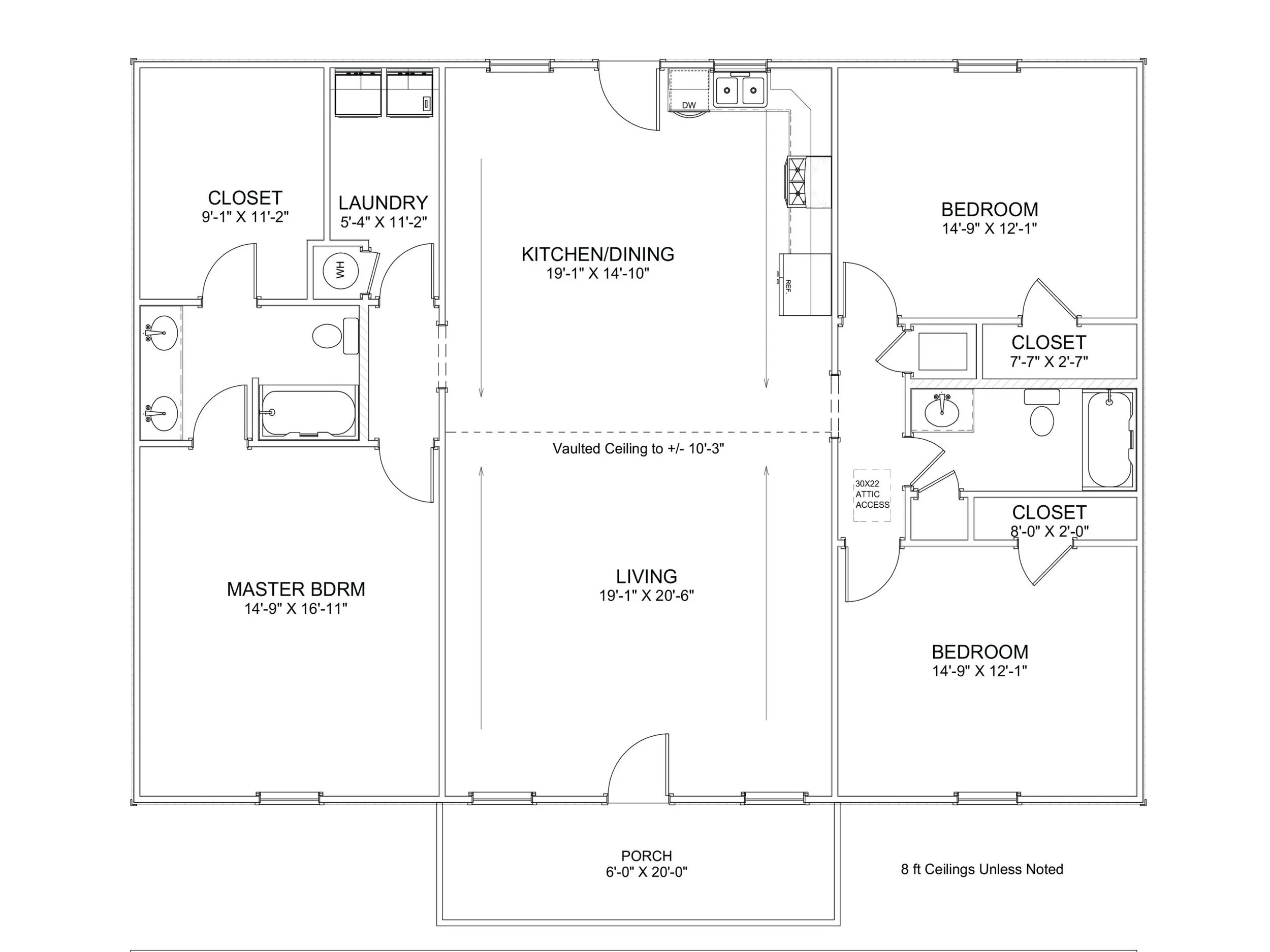 Floor plan of a house showing a porch, living room, kitchen/dining area, three bedrooms, two bathrooms, laundry room, and closets, with labeled dimensions.