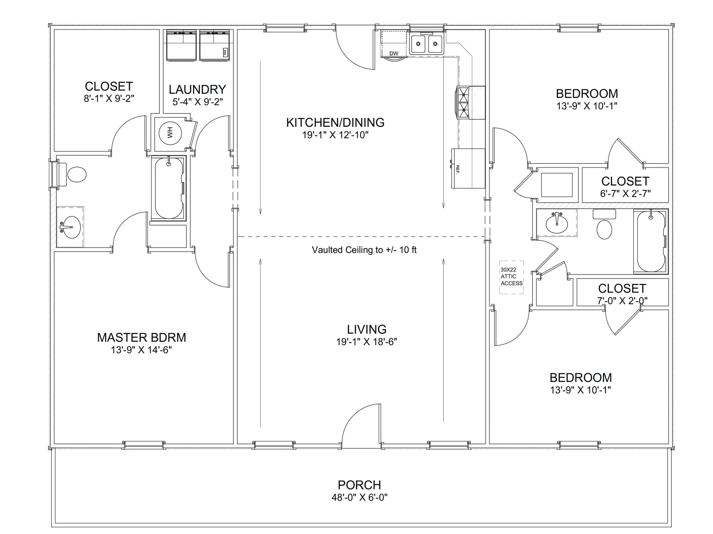 Floor plan of a house with labels and dimensions for rooms including porch, living room, kitchen/dining, master bedroom, two additional bedrooms, bathrooms, laundry, closets, attic access, and doorways.