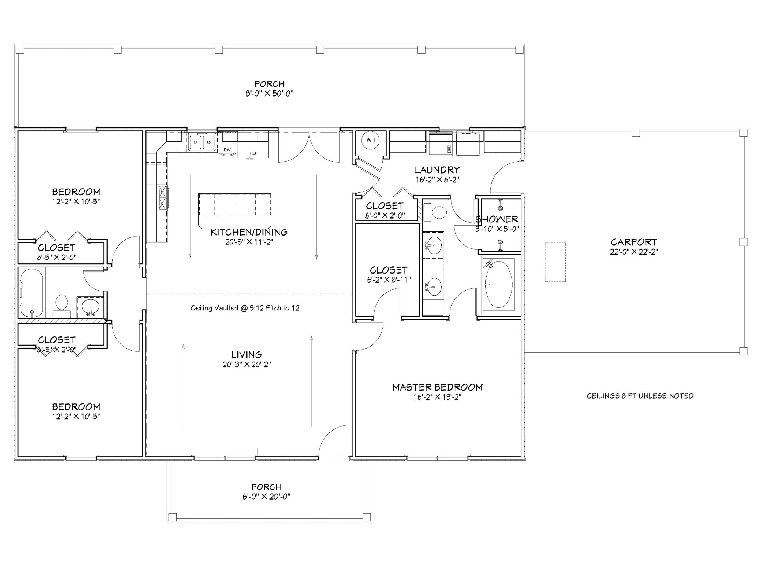 Floor plan of a house showing bedrooms, bathrooms, a kitchen/dining area, living room, laundry, closets, porches, a carport, and a garage.