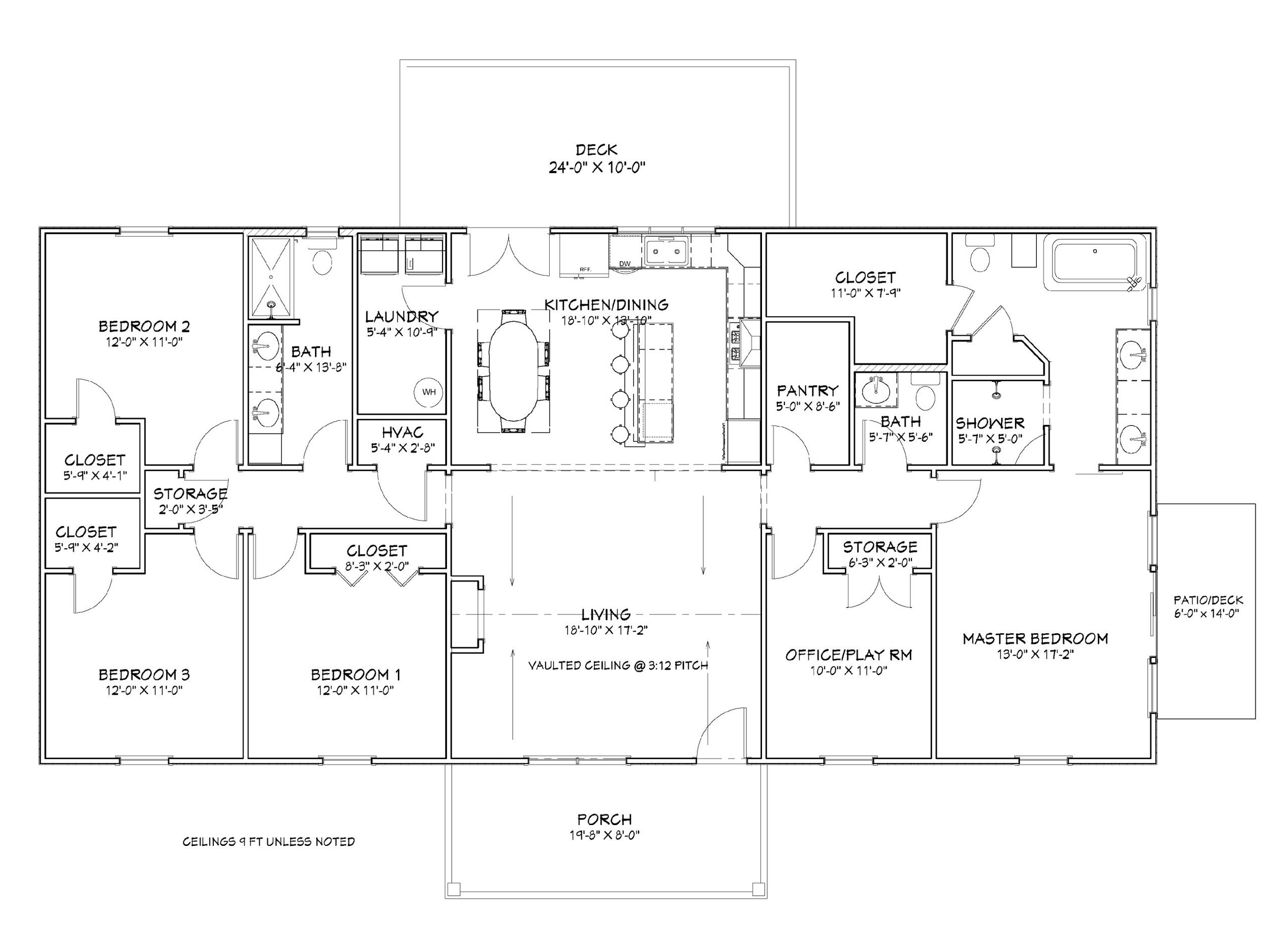 Floor plan of a house showing three bedrooms, two bathrooms, kitchen, living room, office/playroom, laundry, storage, and outdoor deck and patio area.