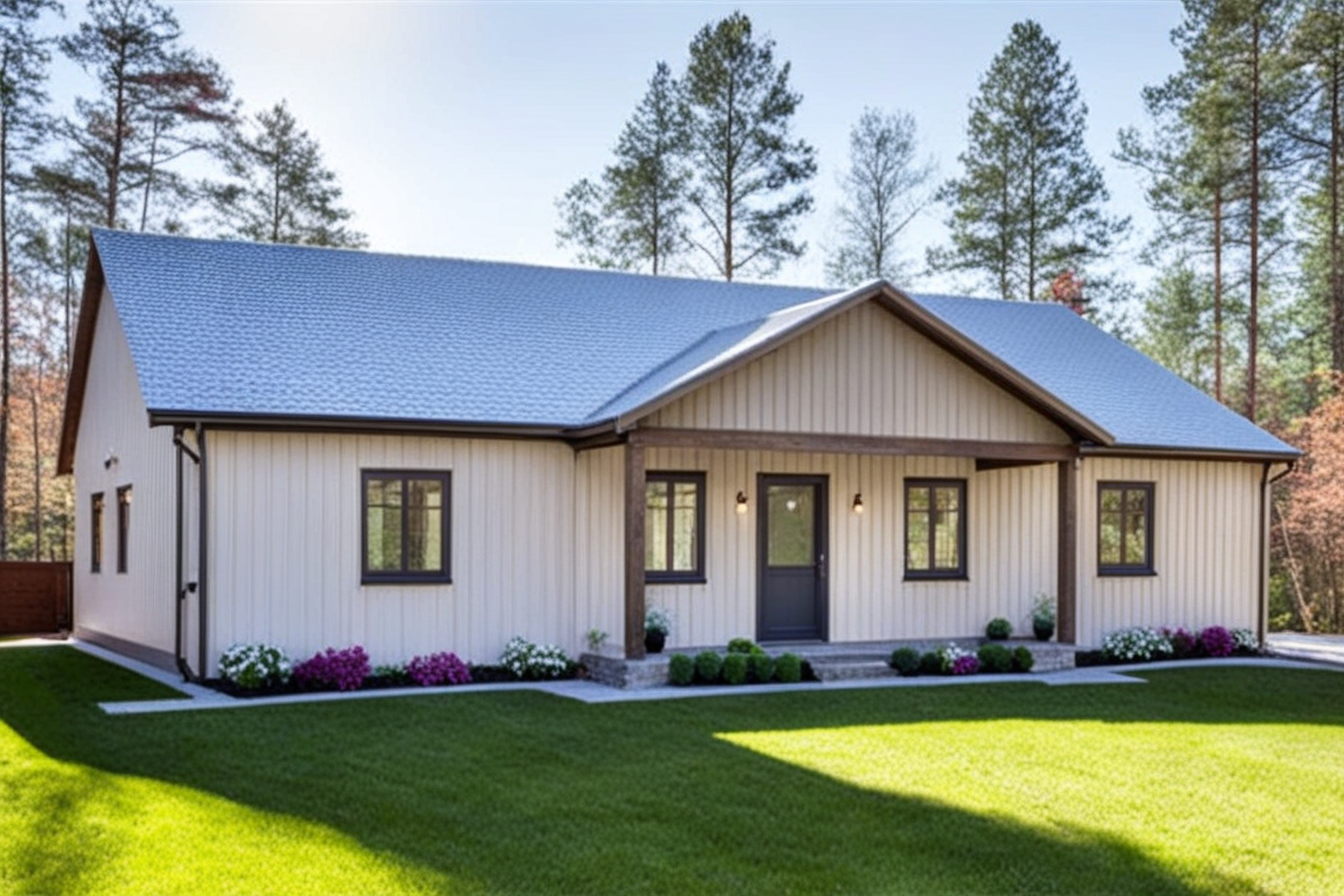 Front view of a modern house with a blue roof, cream-colored vertical siding, and a small front porch with steps, surrounded by a well-maintained lawn and trees in the background.