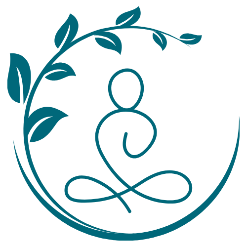 A stylized logo featuring a person sitting cross-legged with a heart-shaped outline around their chest, surrounded by leaves in a circular design.