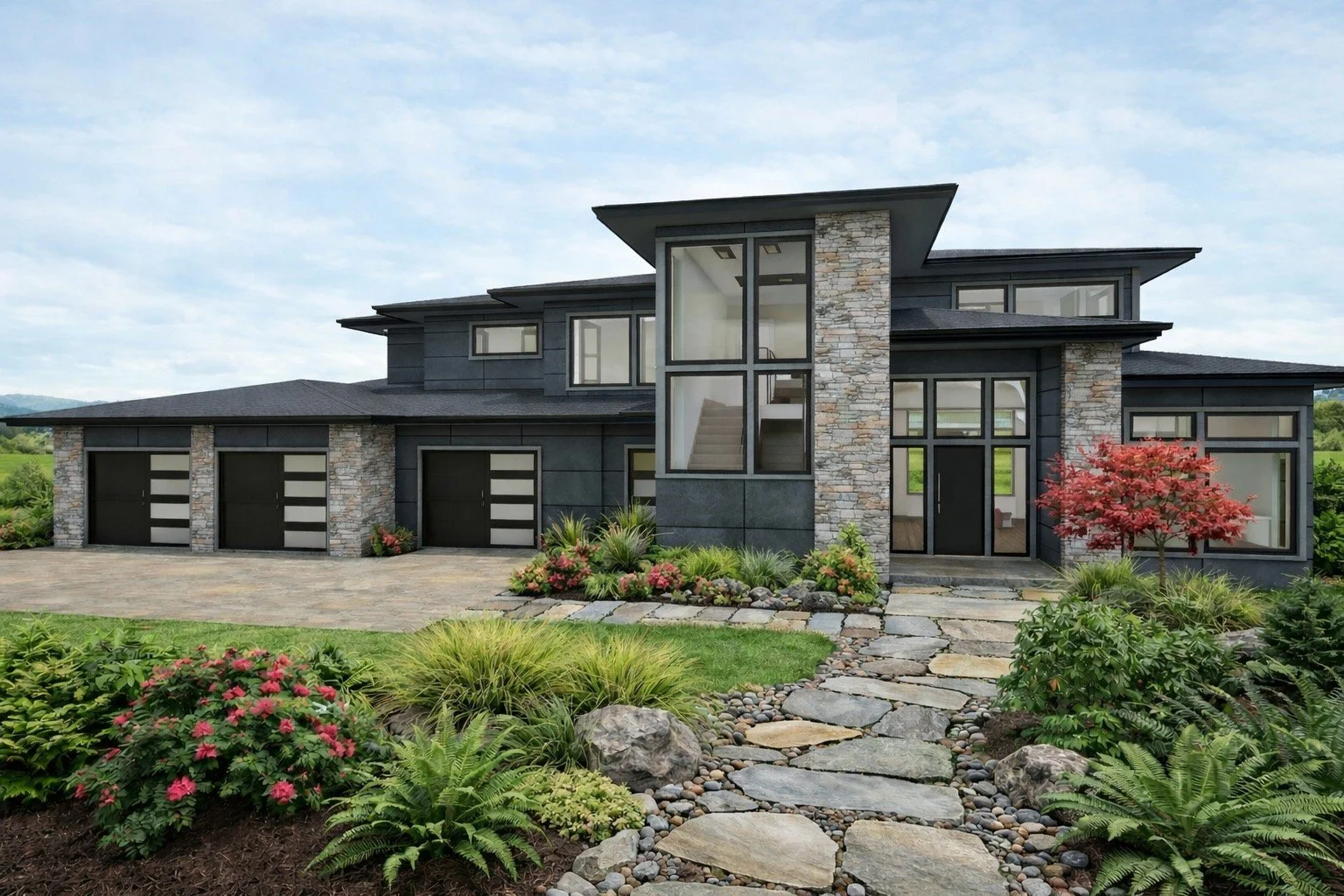 Exterior view of a modern, two-story house with a large driveway, front porch, and landscaped garden including white hydrangeas and green plants, with a scenic backdrop of hills and the ocean.