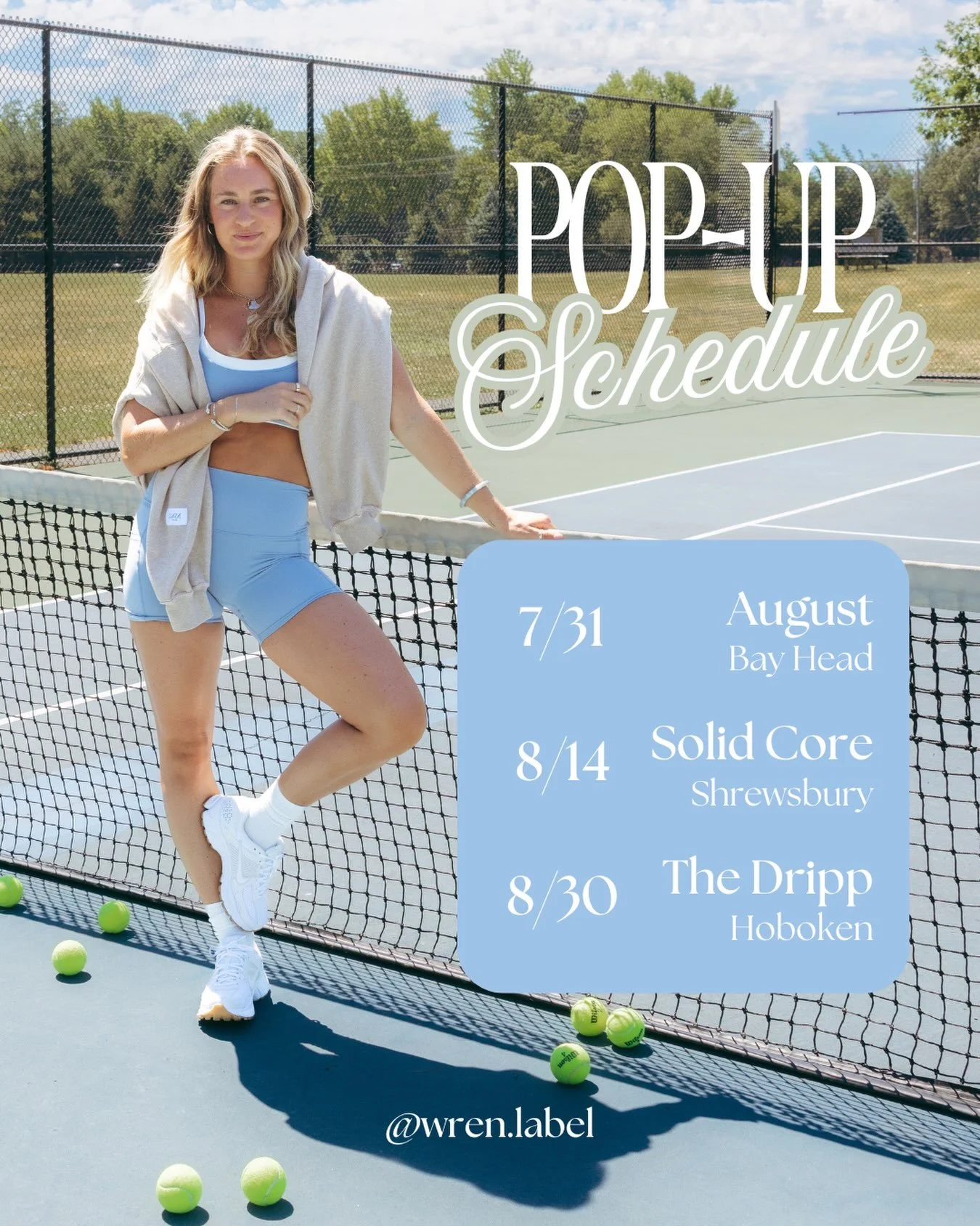 Catch us in person 🤍

Here&rsquo;s where you can find us next! Come shop your favorite Wren pieces, meet the team, and find your new favorite set.

Tag your workout buddy and come say hi. We can&rsquo;t wait to see you. ✨