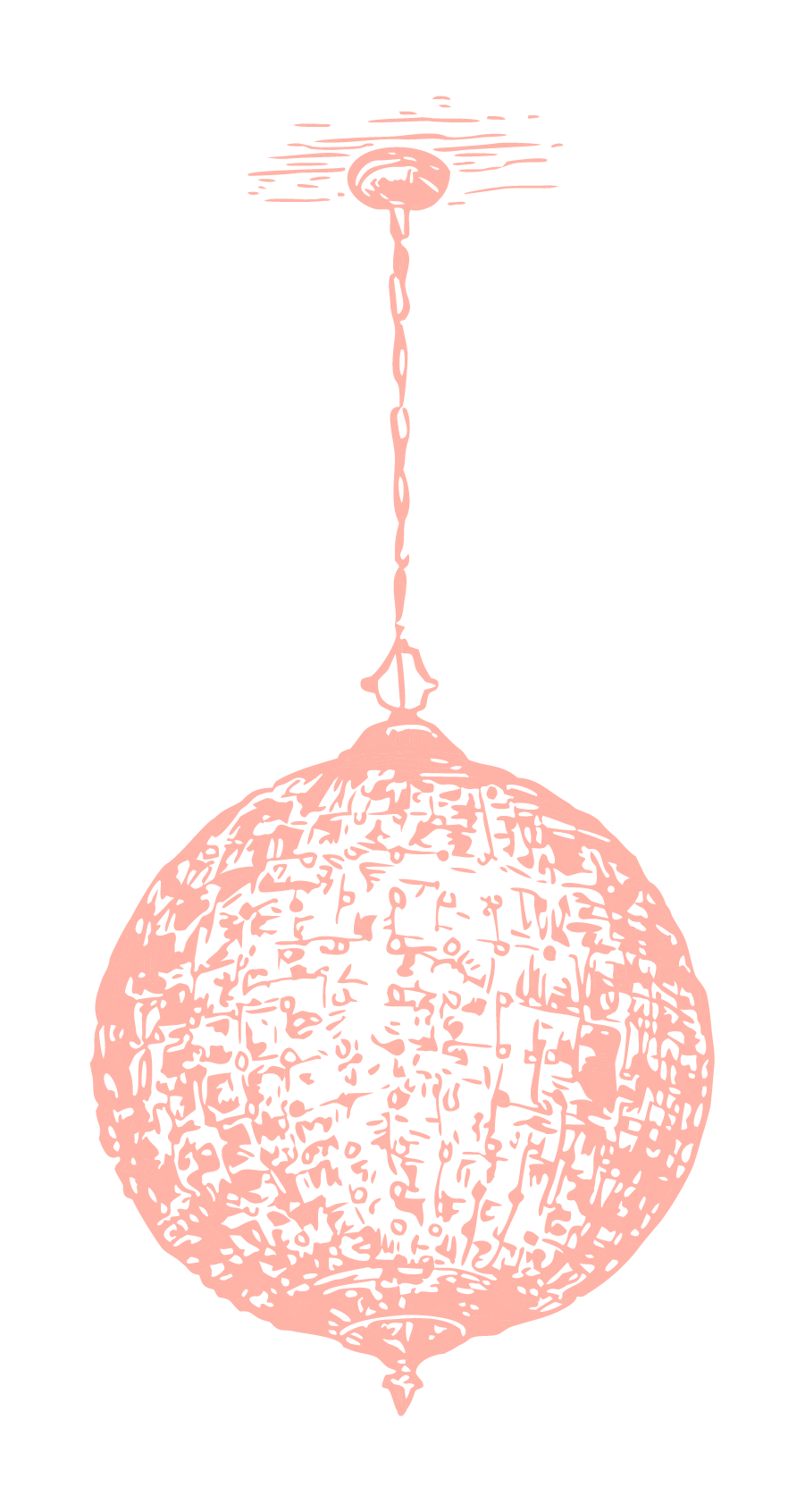 A pink decorative hanging lamp with intricate designs and Arabic calligraphy, suspended from a chain.