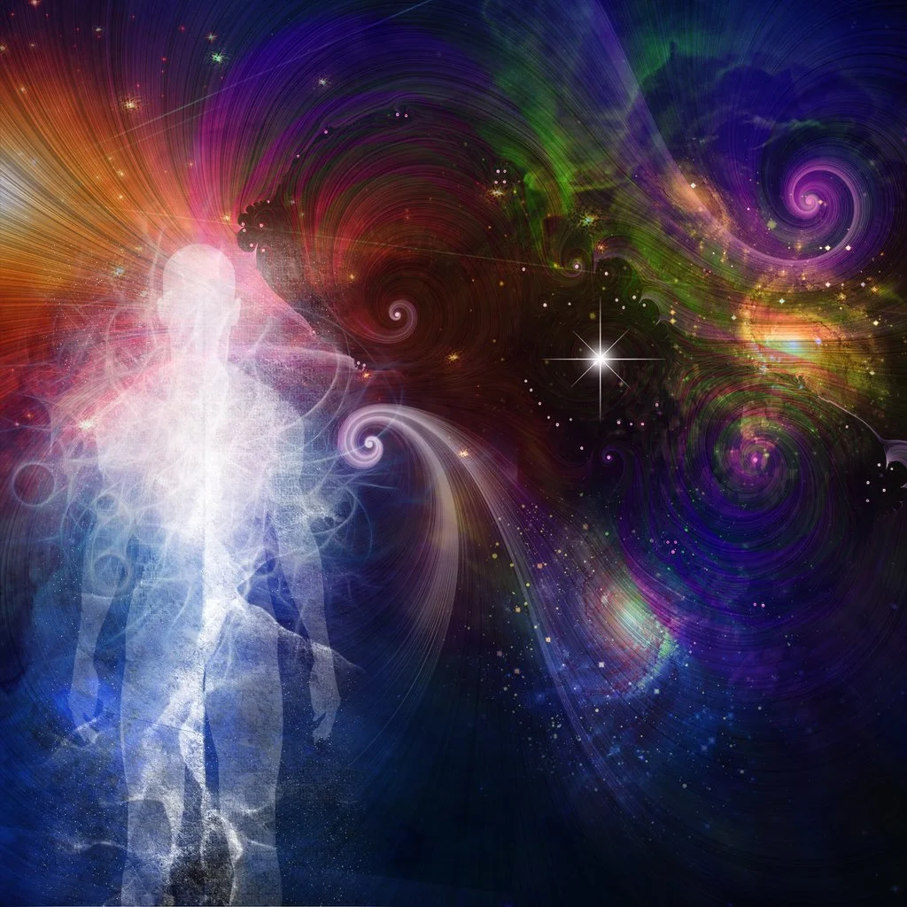 Abstract digital artwork of a human silhouette with a luminous, transparent body standing against a cosmic, colorful background with swirling galaxies and bright starbursts.