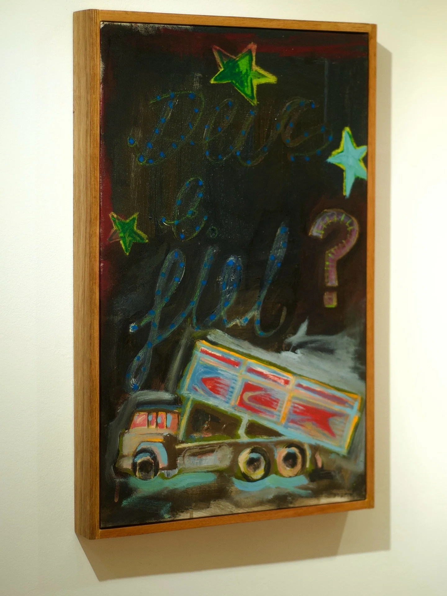 Deus &eacute; fiel. Oil and acrylic on canvas. 2025.
Available.

This is something Brazilian I love. These trucks that drive like crazy people swerving across lanes. They always have a big sign on the back asking god to bless them on their passage on