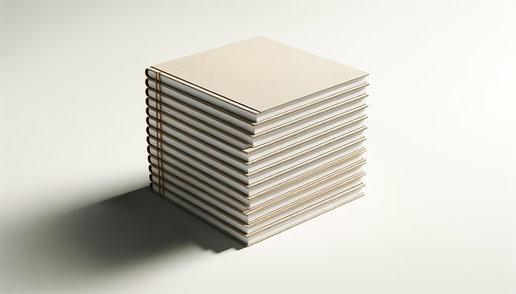 Stack of beige notebooks bound with elastic bands on a white background with shadow.