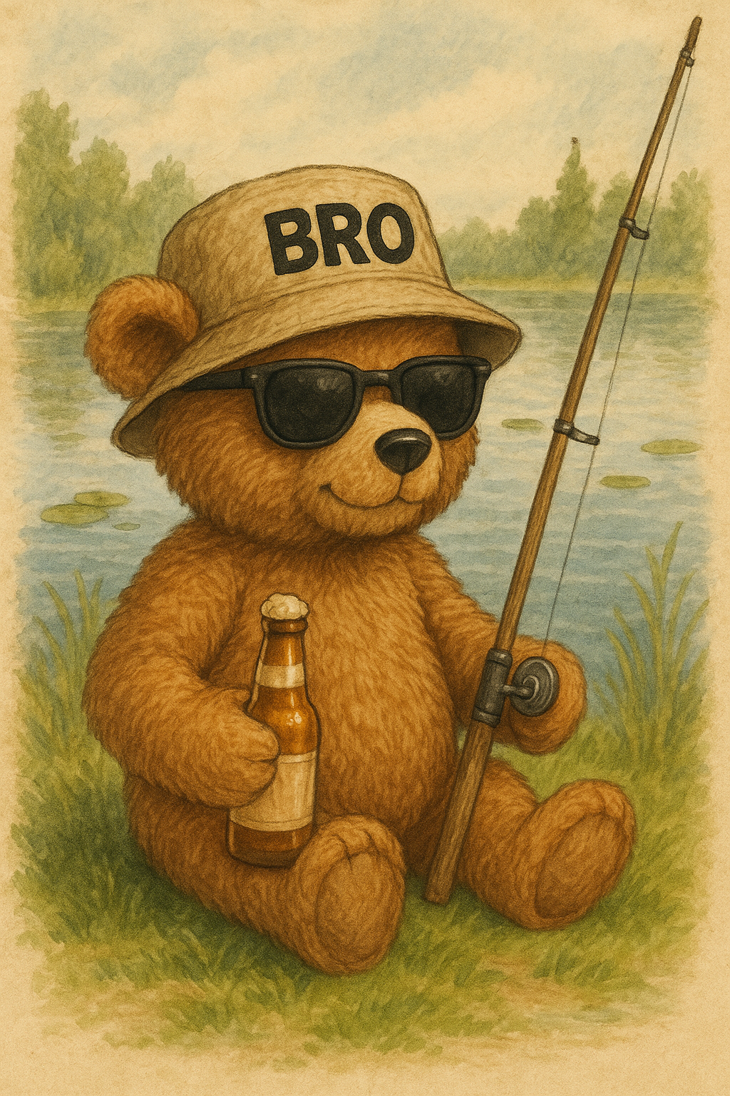 Cartoon bear sitting by a lake, wearing sunglasses and a bucket hat with 'BRO' written on it, holding a fishing rod and a bottle, with trees and water in the background.