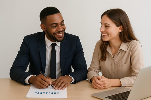A man and woman sitting at a desk, smiling and talking. The man is holding a pen over a document with a chart, and there is a laptop in front of the woman.