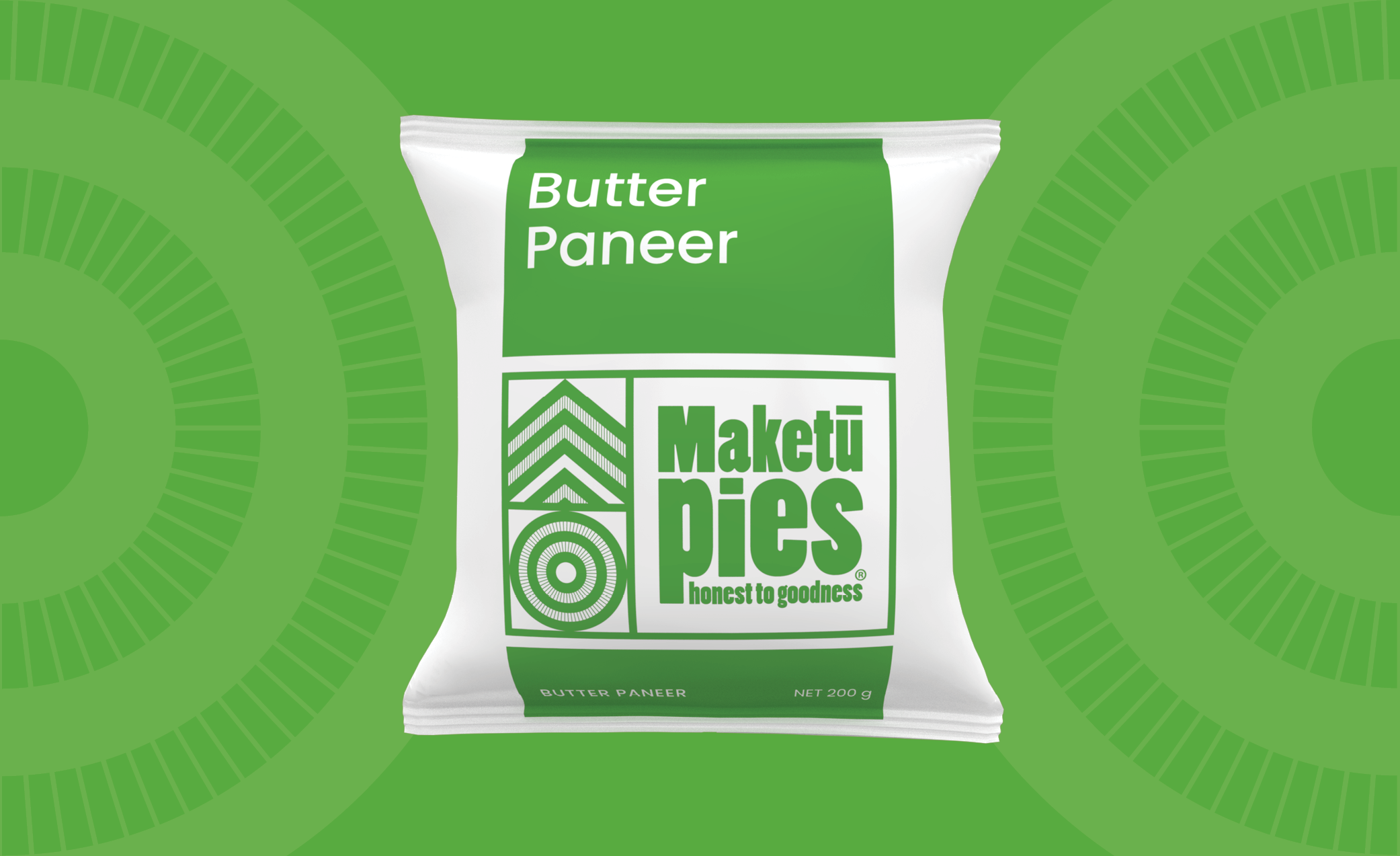 A package of Maketú Pies honest to goodness vegetarian butter paneer pie, 200 grams.