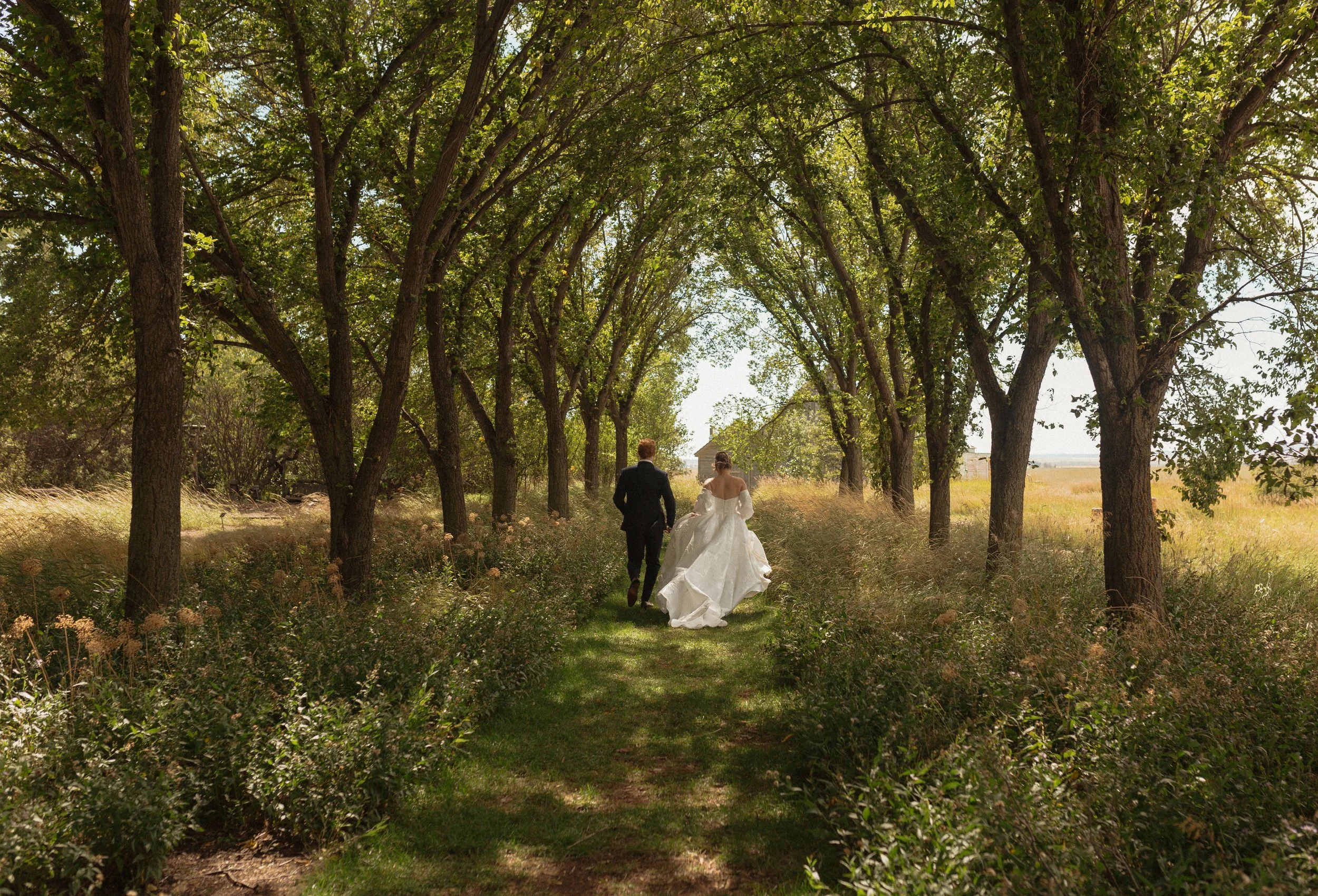 A bride and groom walking away along a grassy path under tall, green, leafy trees in a scenic outdoor setting.