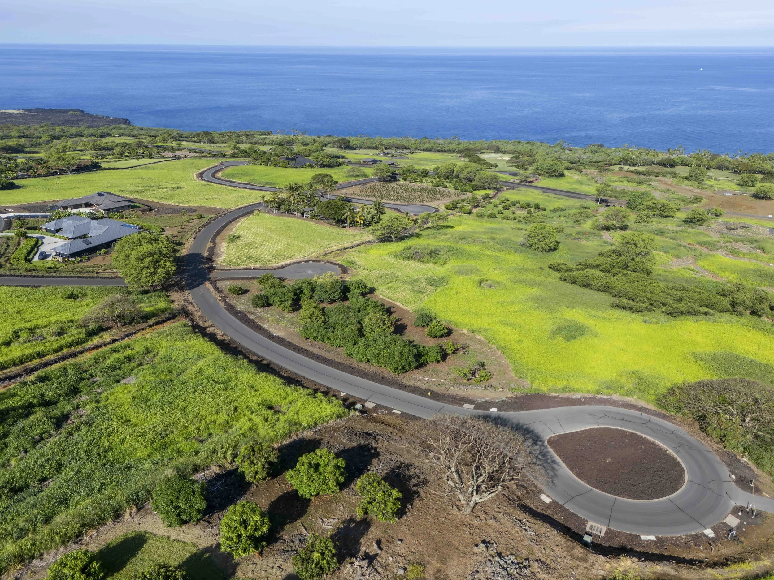 Aerial view of a lush green hillside estate with a large modern house, gardens, terraced landscaping, winding paved pathways, and surrounding trees and vegetation shot on a drone. Real Estate Photography.