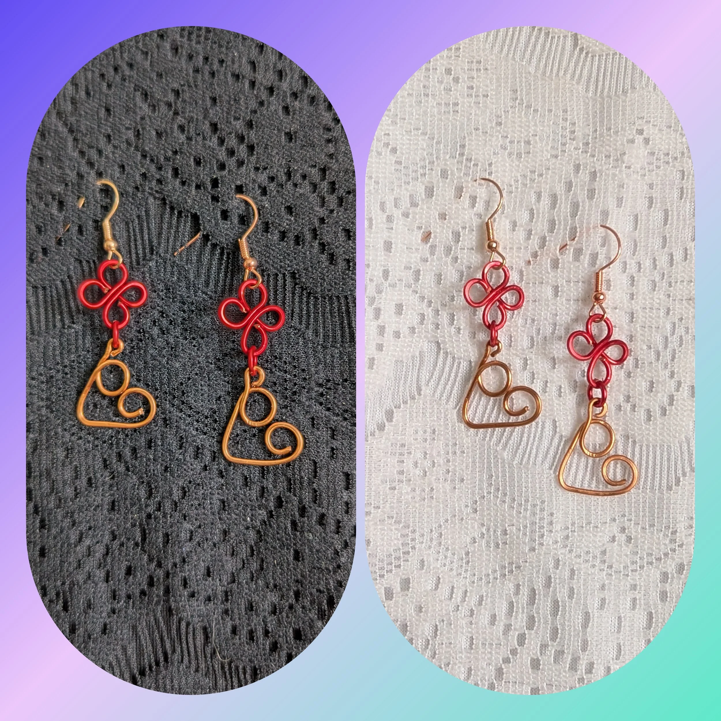 Wire Wrapped Red and Copper Heart Earrings