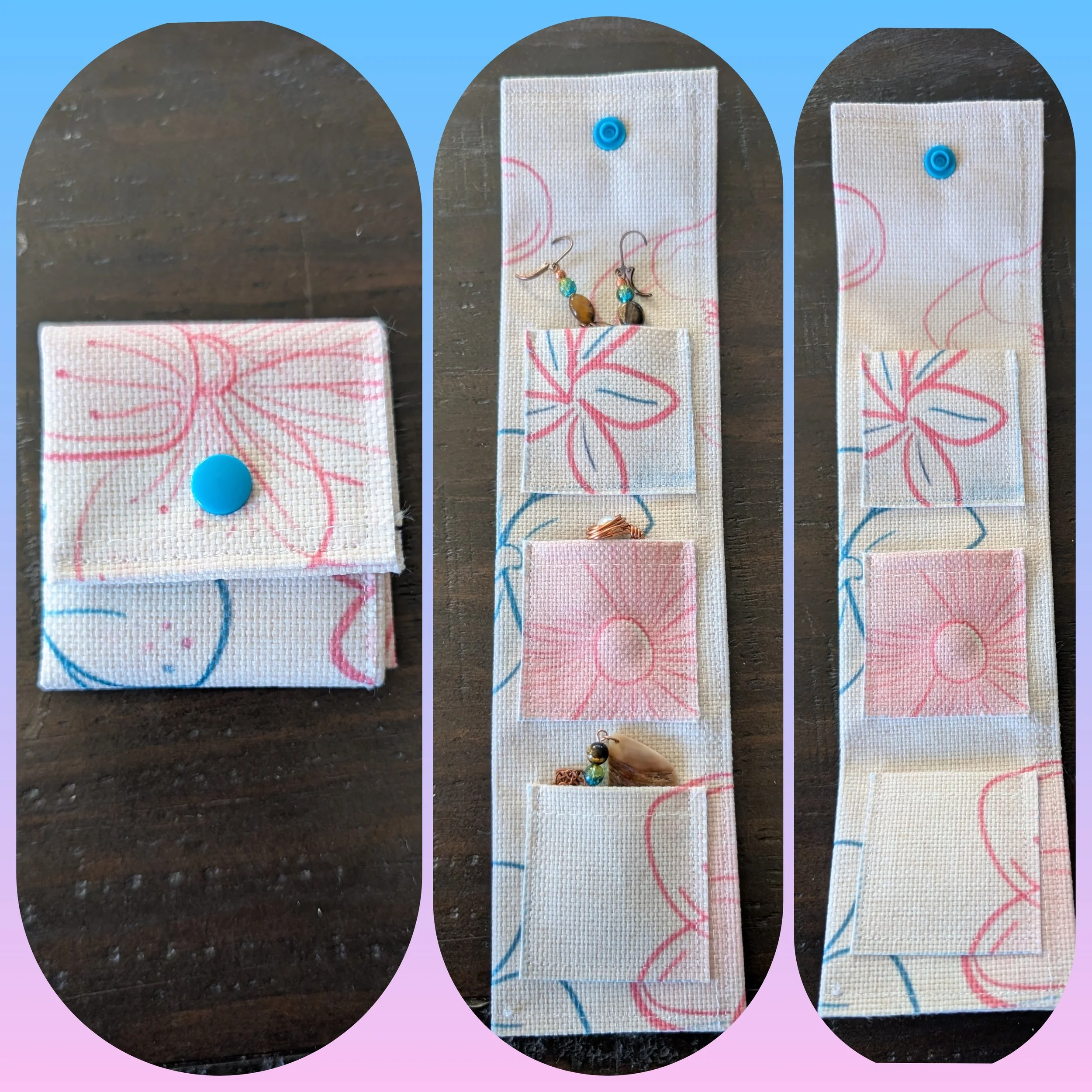Blue and Pink Flowers Jewelry Pouch