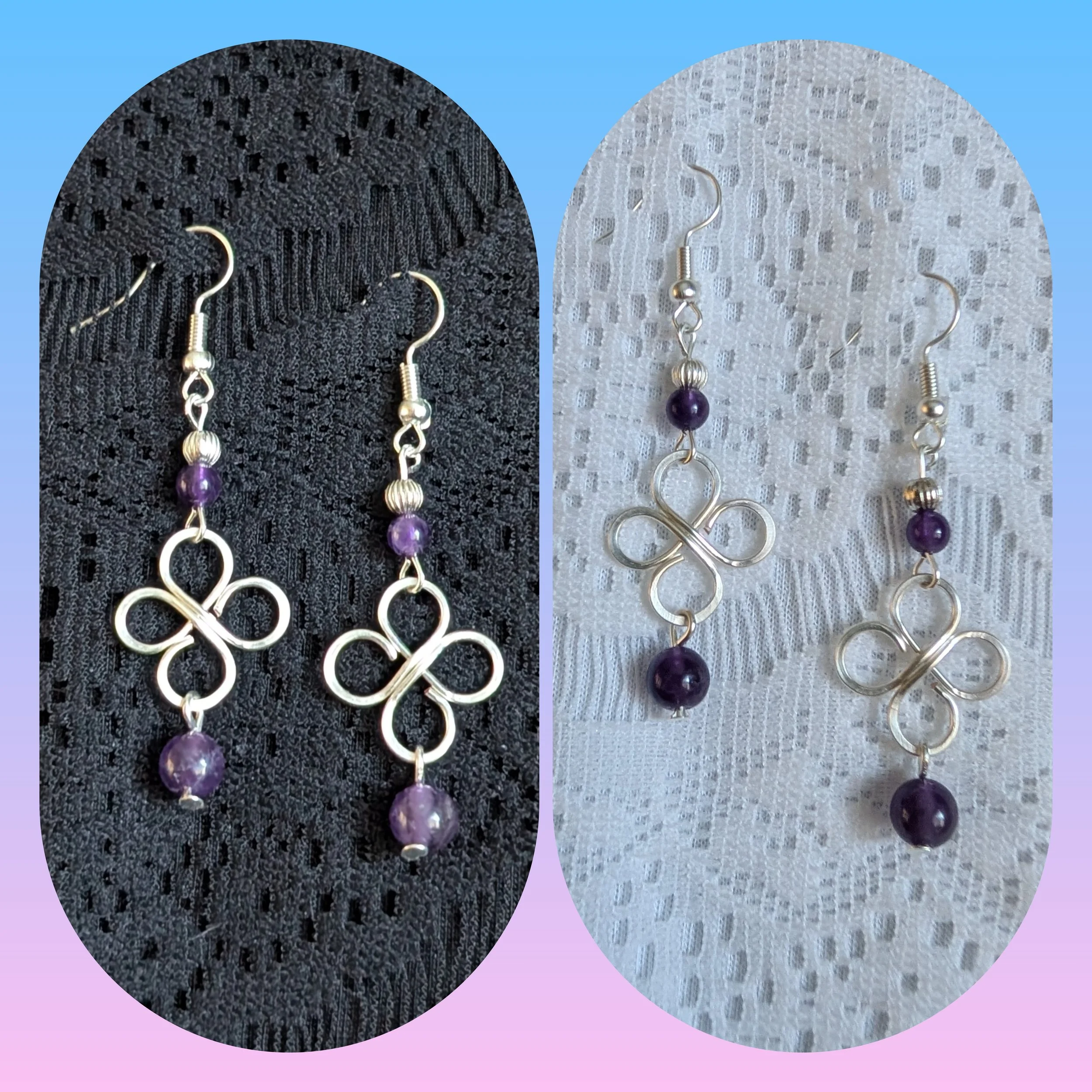 Wire Wrapped Silver Clover and Amethyst Earrings