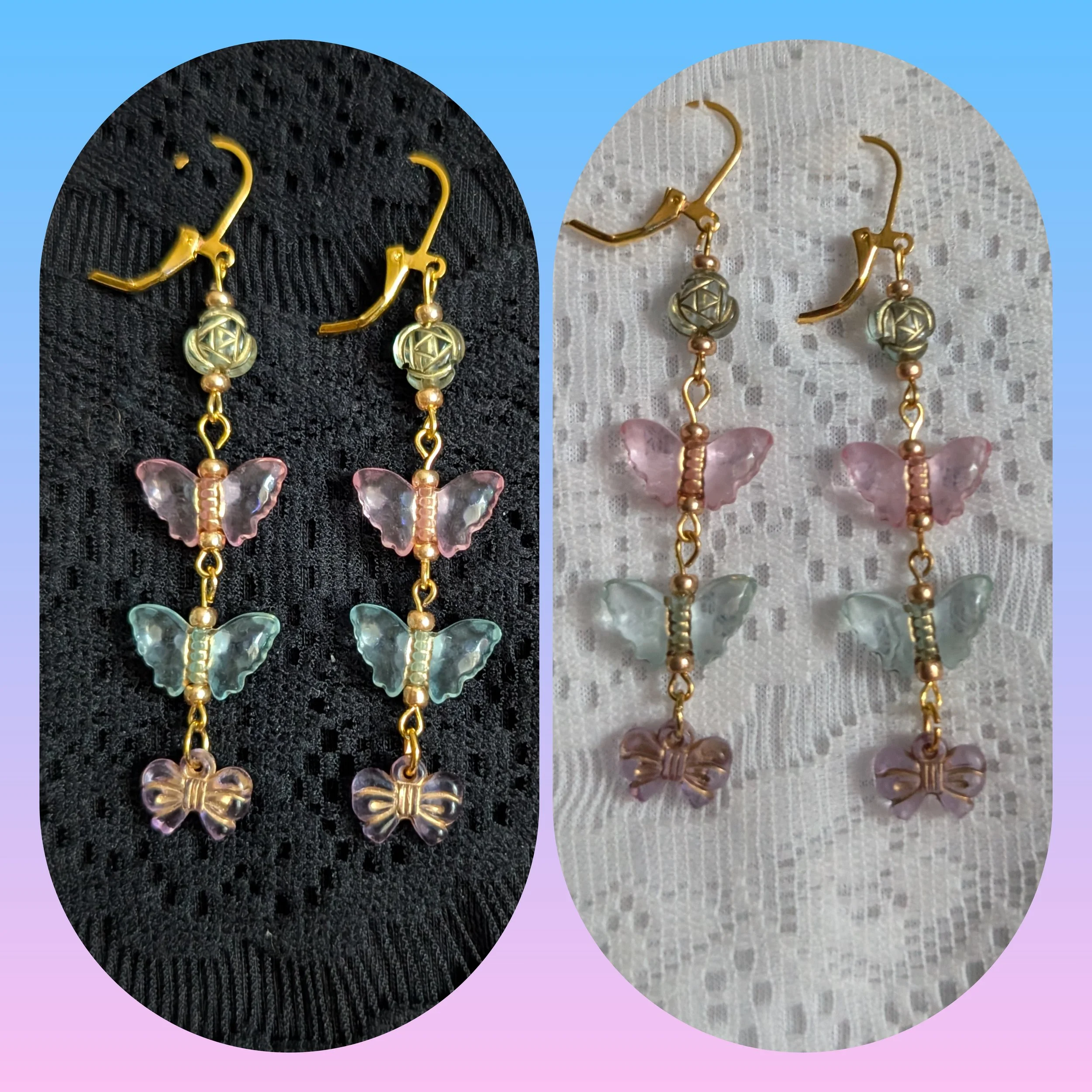 Gold Pink and Blue Butterflies and Bows Dangle Earrings