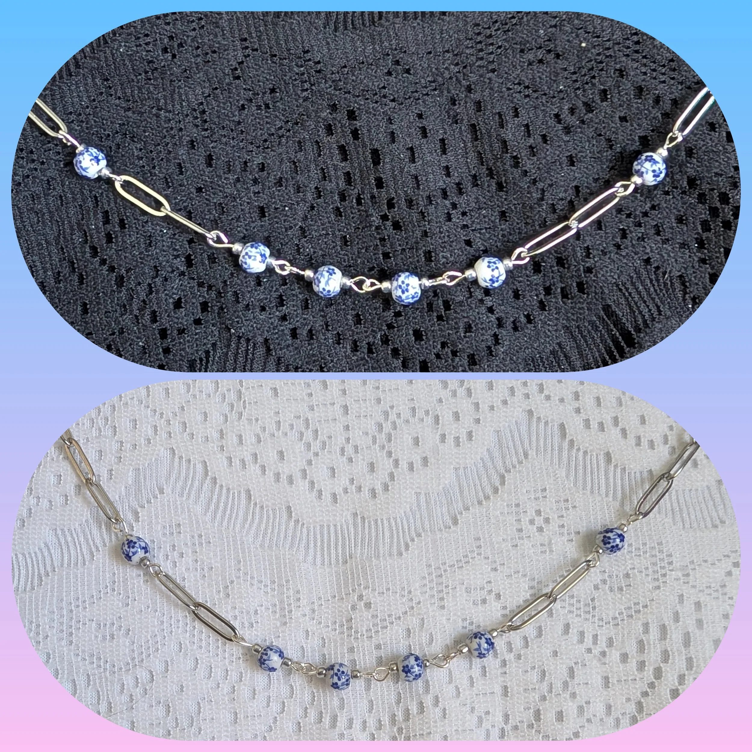 White and Blue Small Flower and Silver Paperclip Necklace