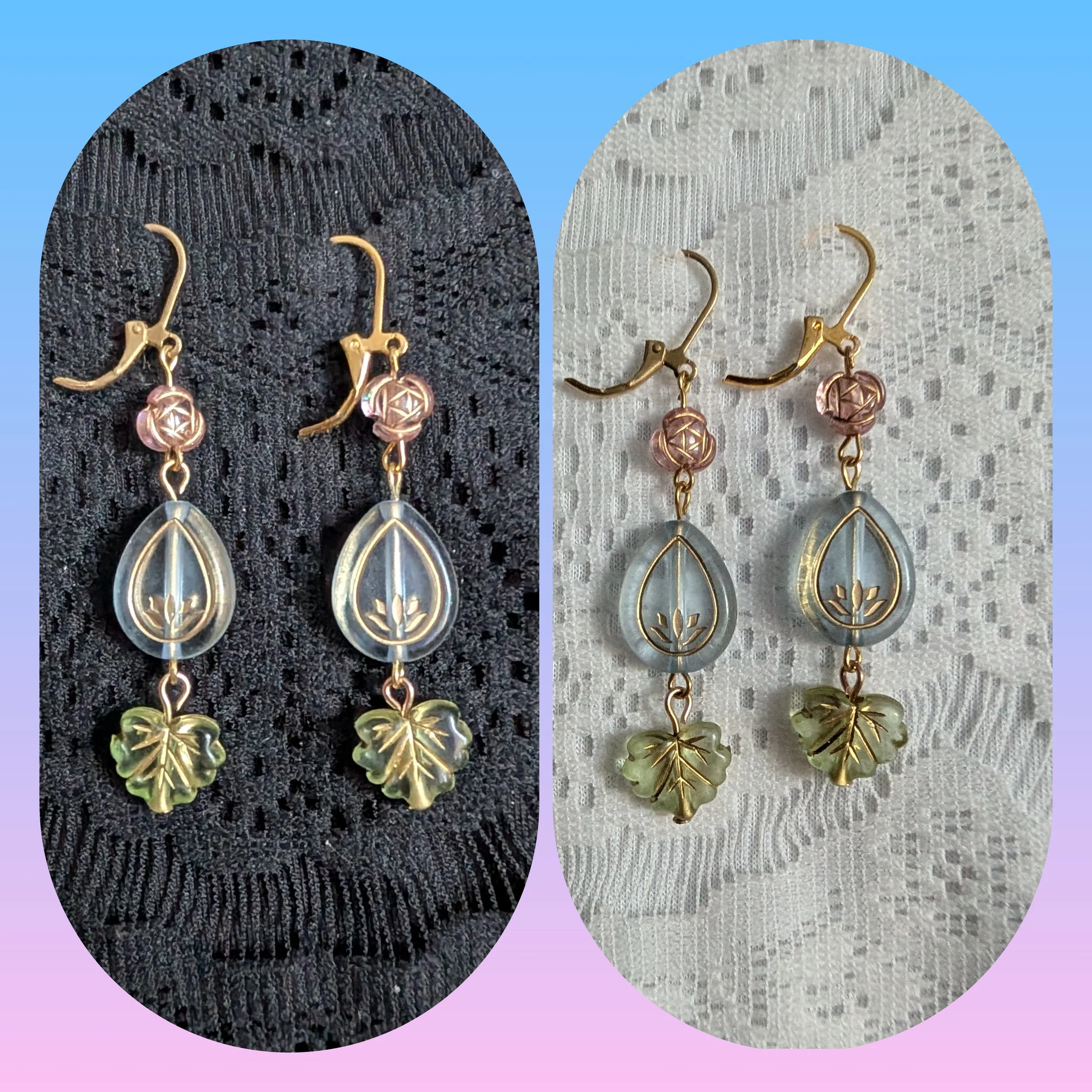 Gold Blue and Leaves and Roses Dangle Earrings