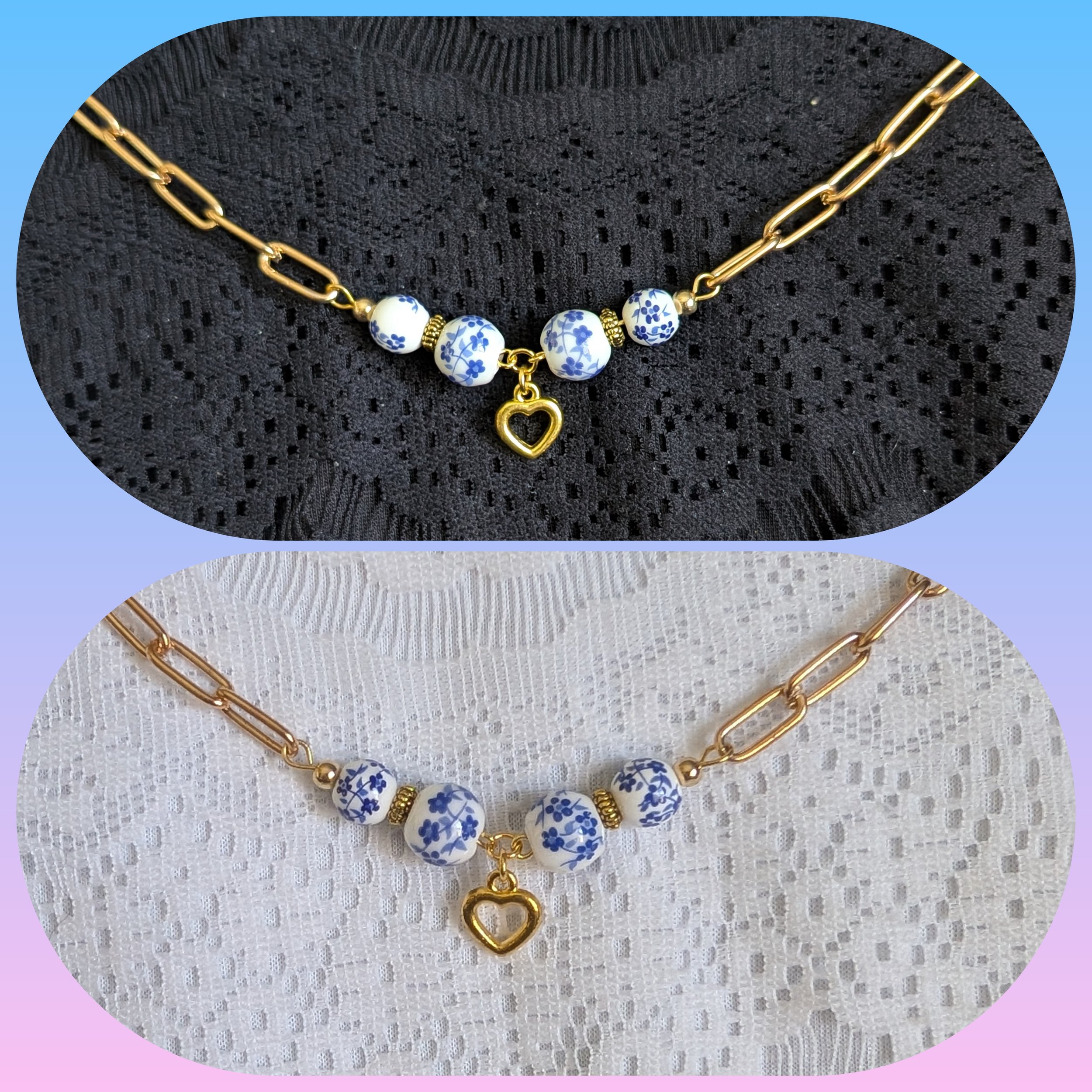 White and Blue Flowers and Gold Heart Paperclip Necklace