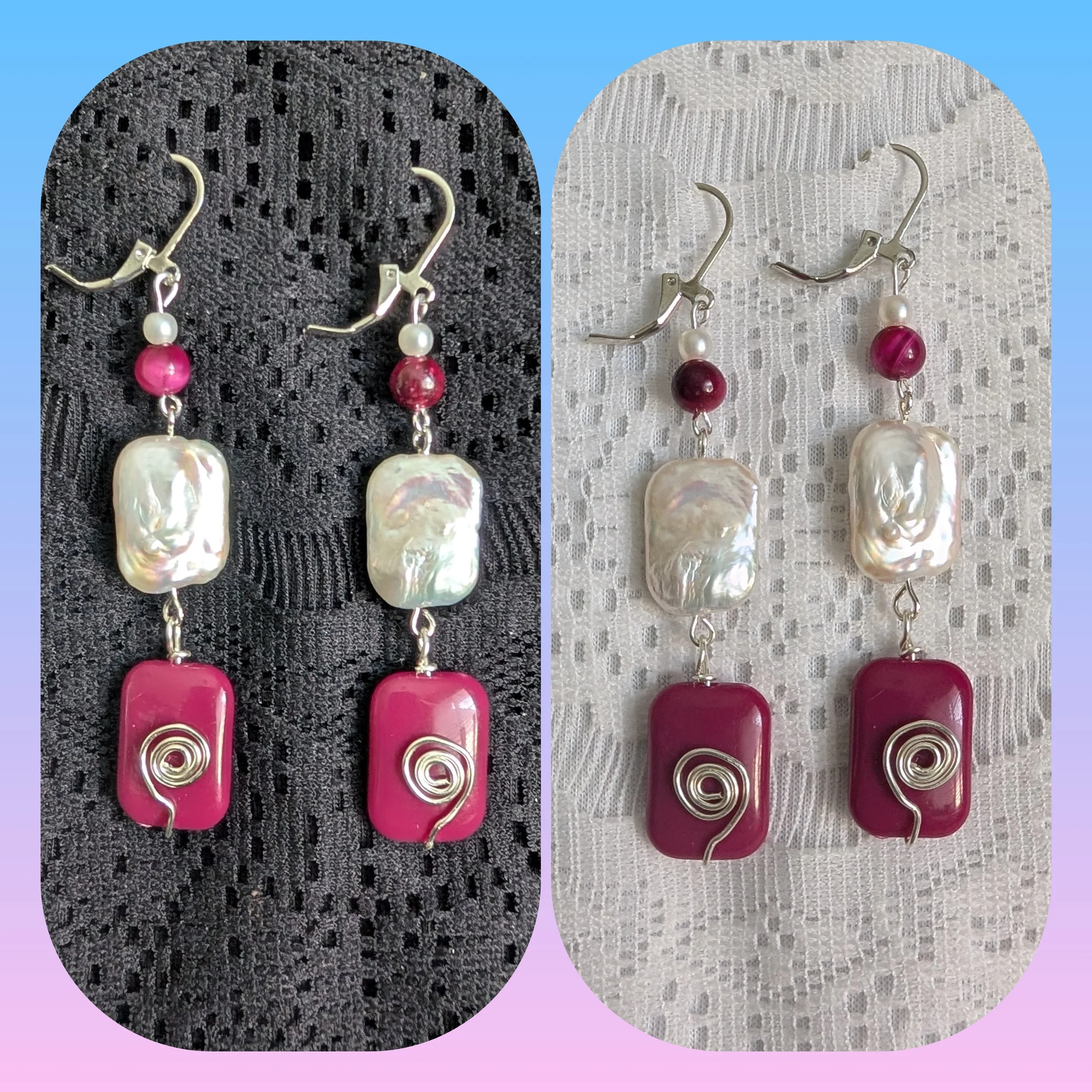 Wire Wrapped Silver Swirl Magenta and Pearl Dangle Earrings
