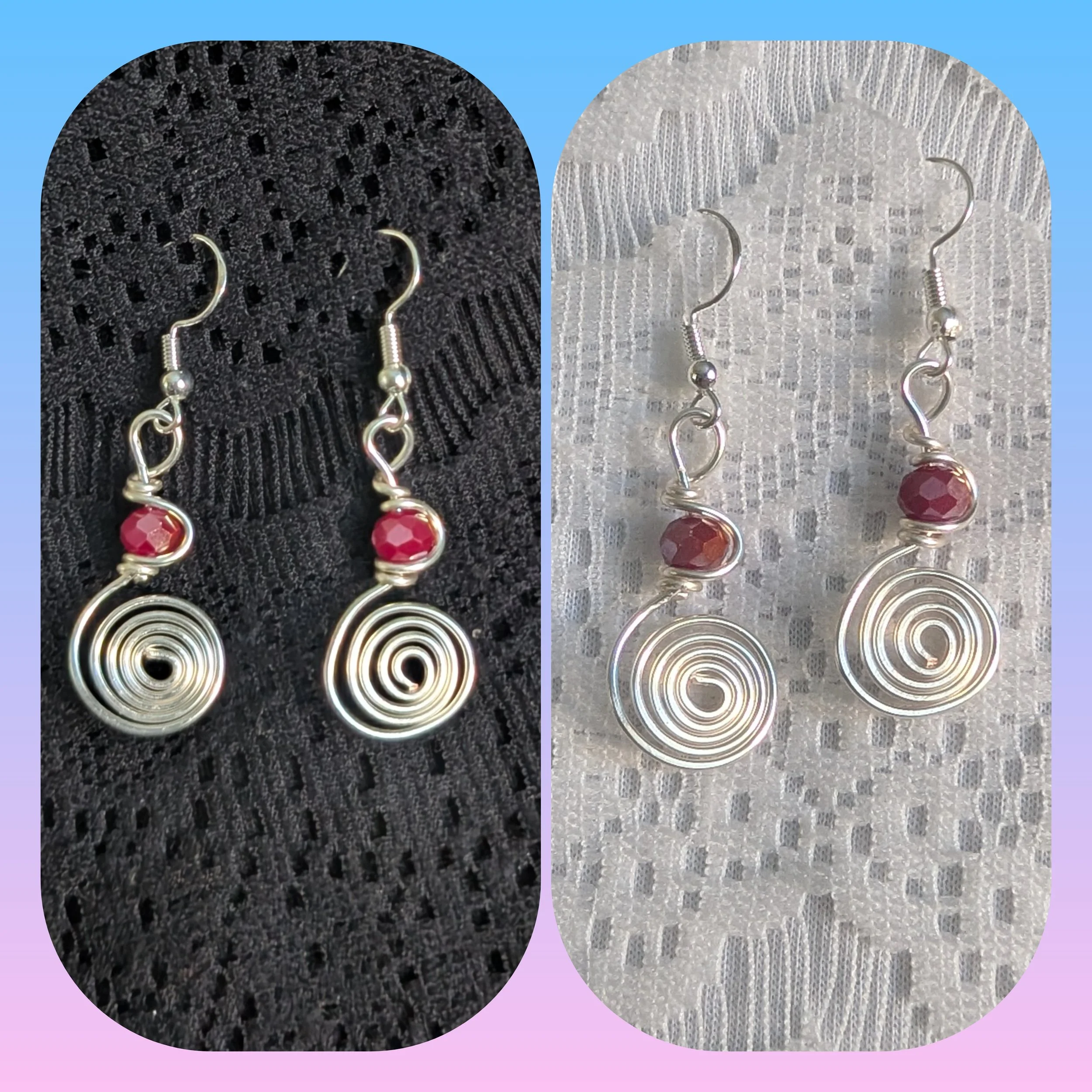 Wire Wrapped Silver Swirl and Red Earrings