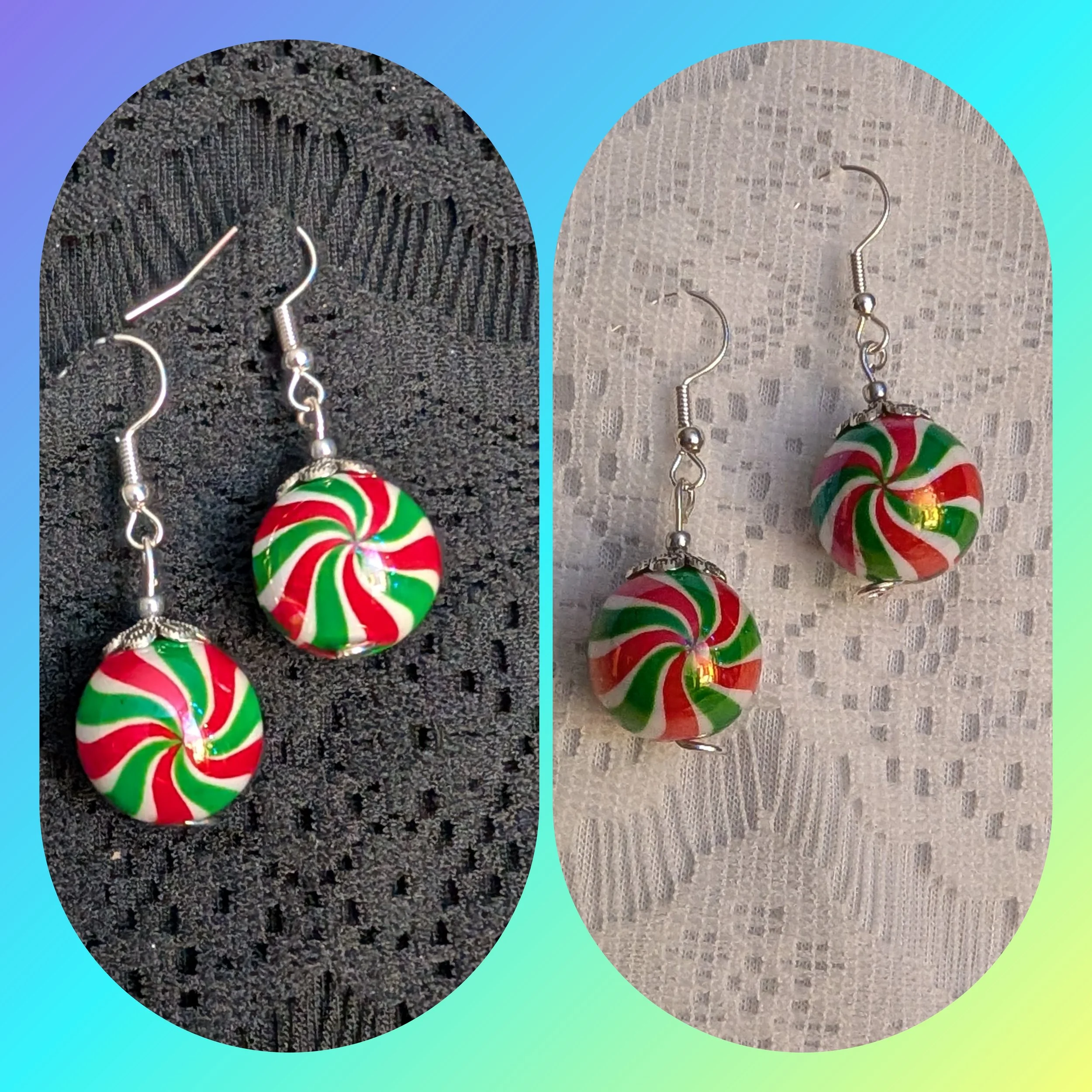 Silver with Red Green and White Swirl Large Christmas Ornament Earrings
