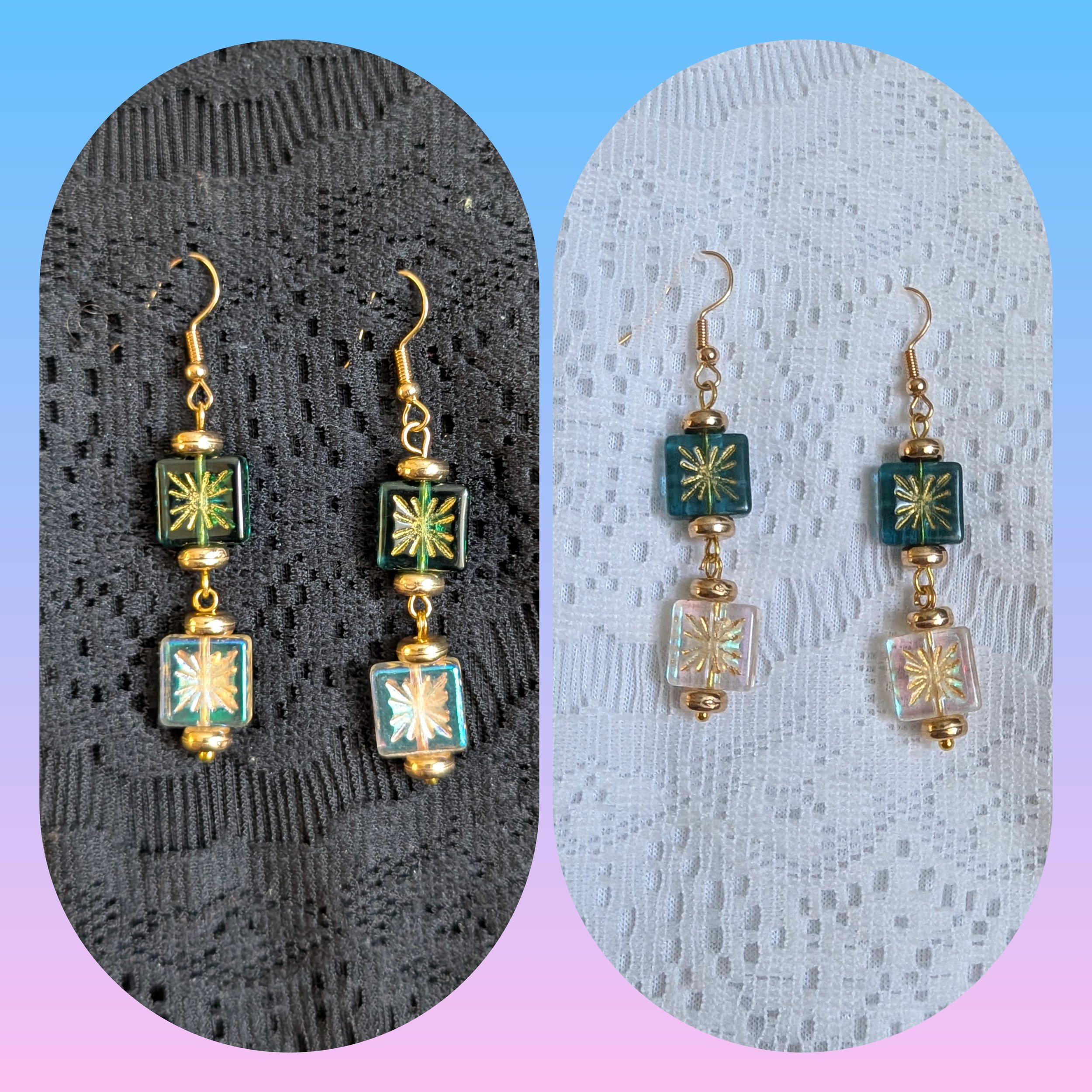 Gold and Blue White Square Dangle Earrings