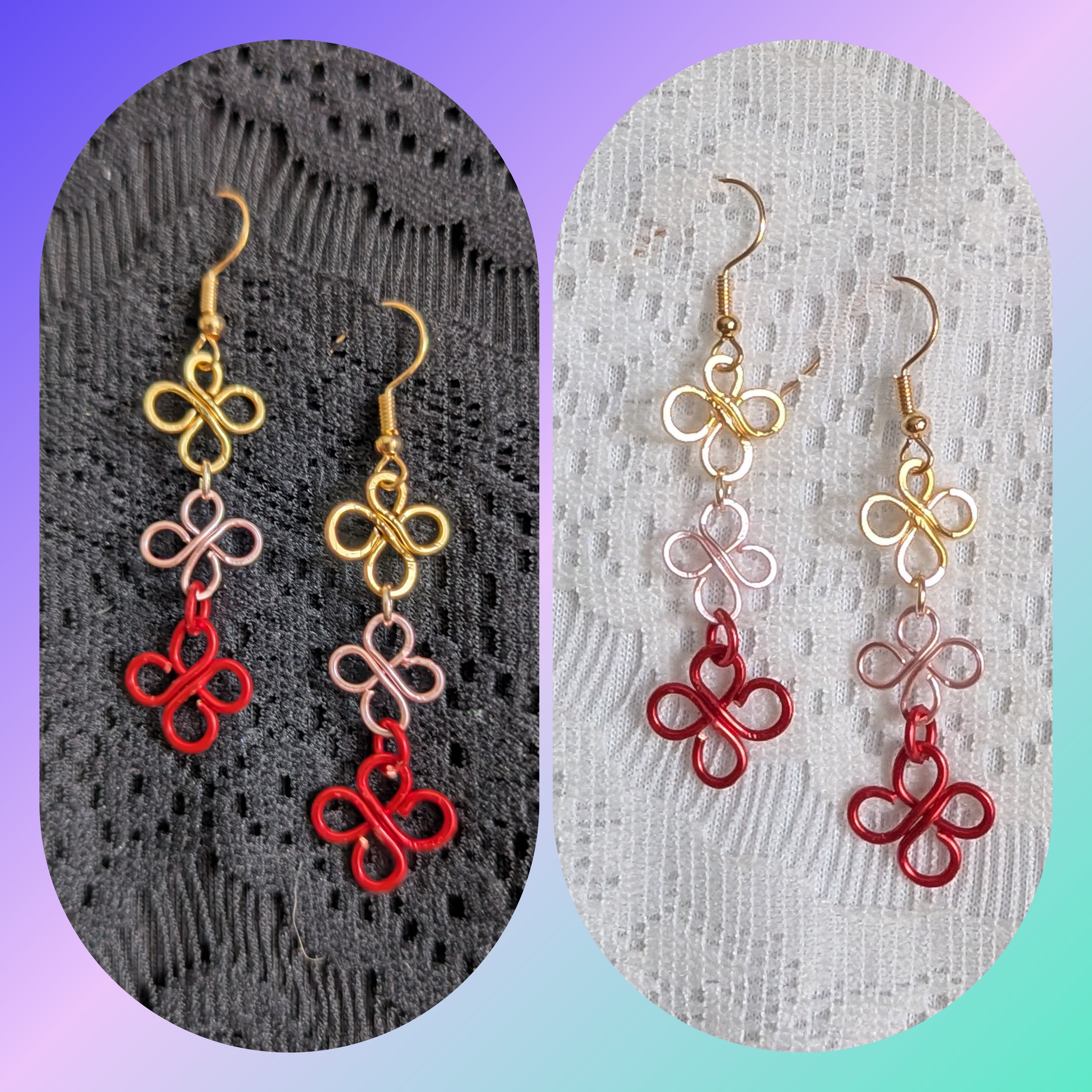Wire Wrapped Red Pink and Gold Clover Earrings