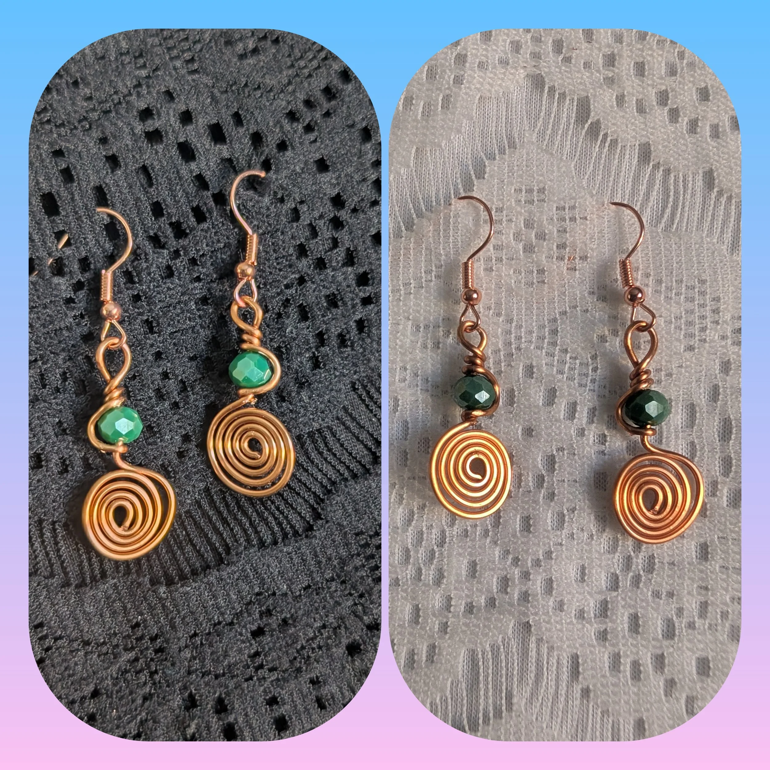 Wire Wrapped Copper Swirl and Green Earrings