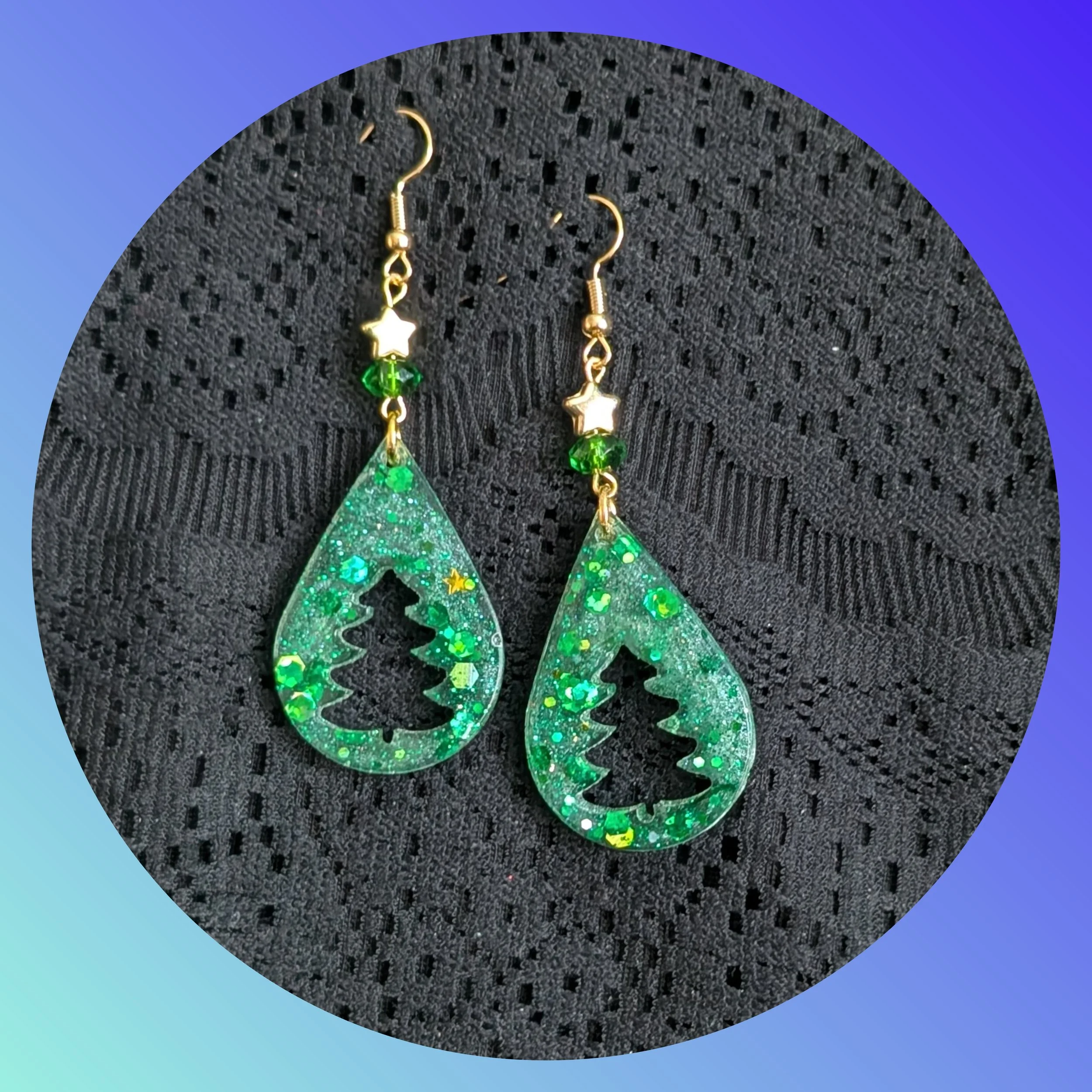 Gold and Glitter Green Christmas Tree with Gold Star Resin Earrings