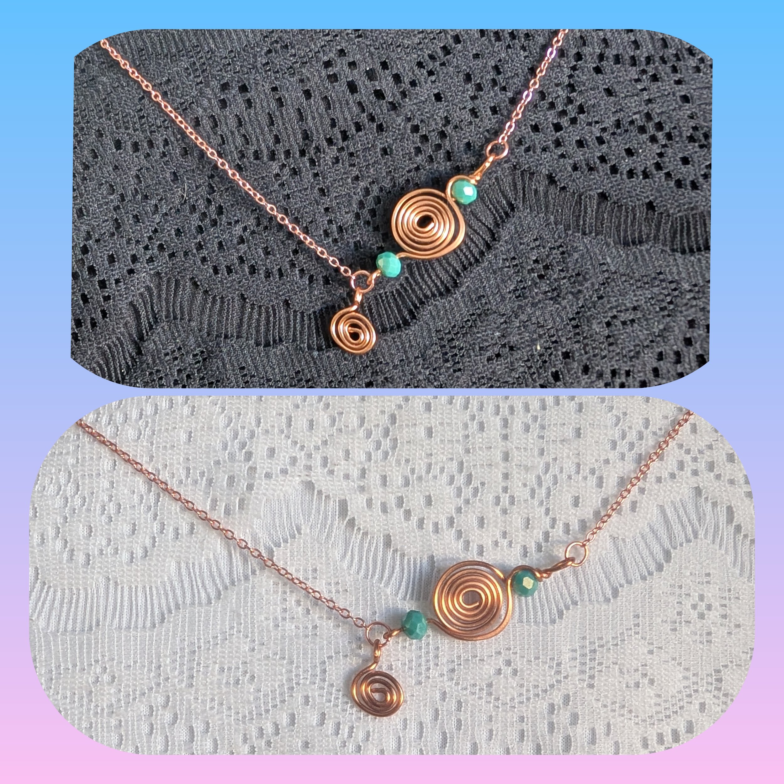 Wire Wrapped Copper Swirl and Sage Green Asymmetrical Necklace