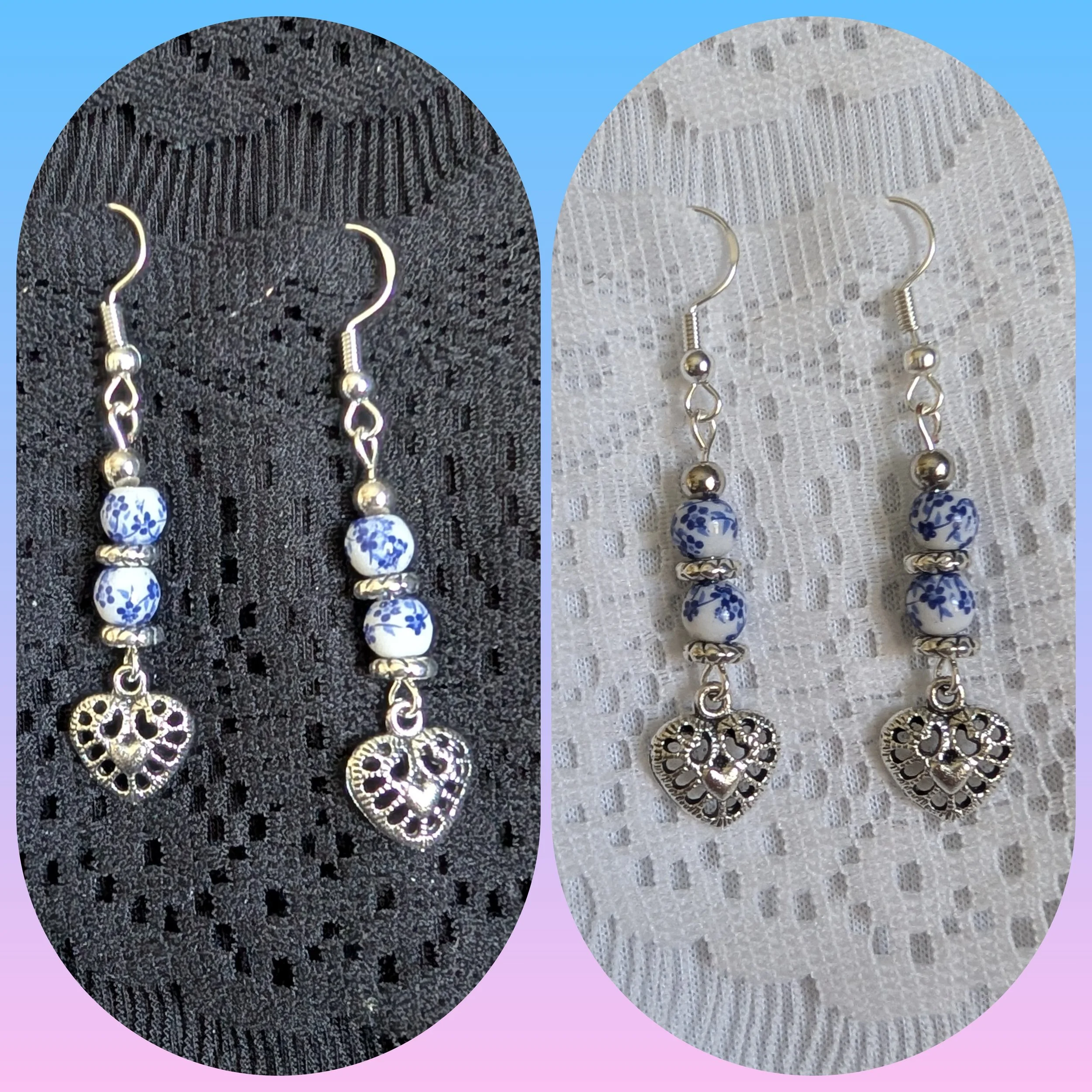 White and Blue Small Flower Silver Heart Earrings