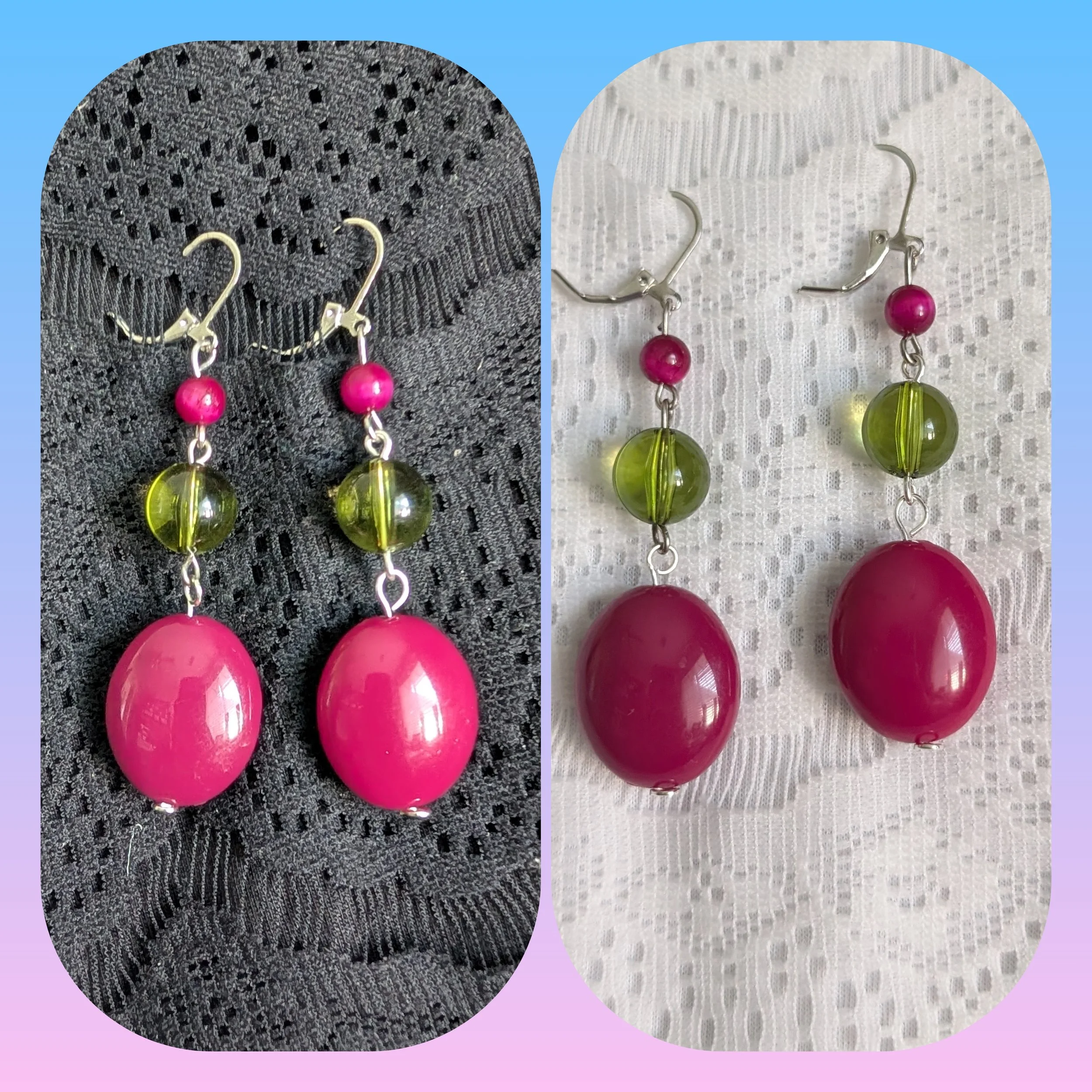 Magenta Oval and Green Dangle Earrings