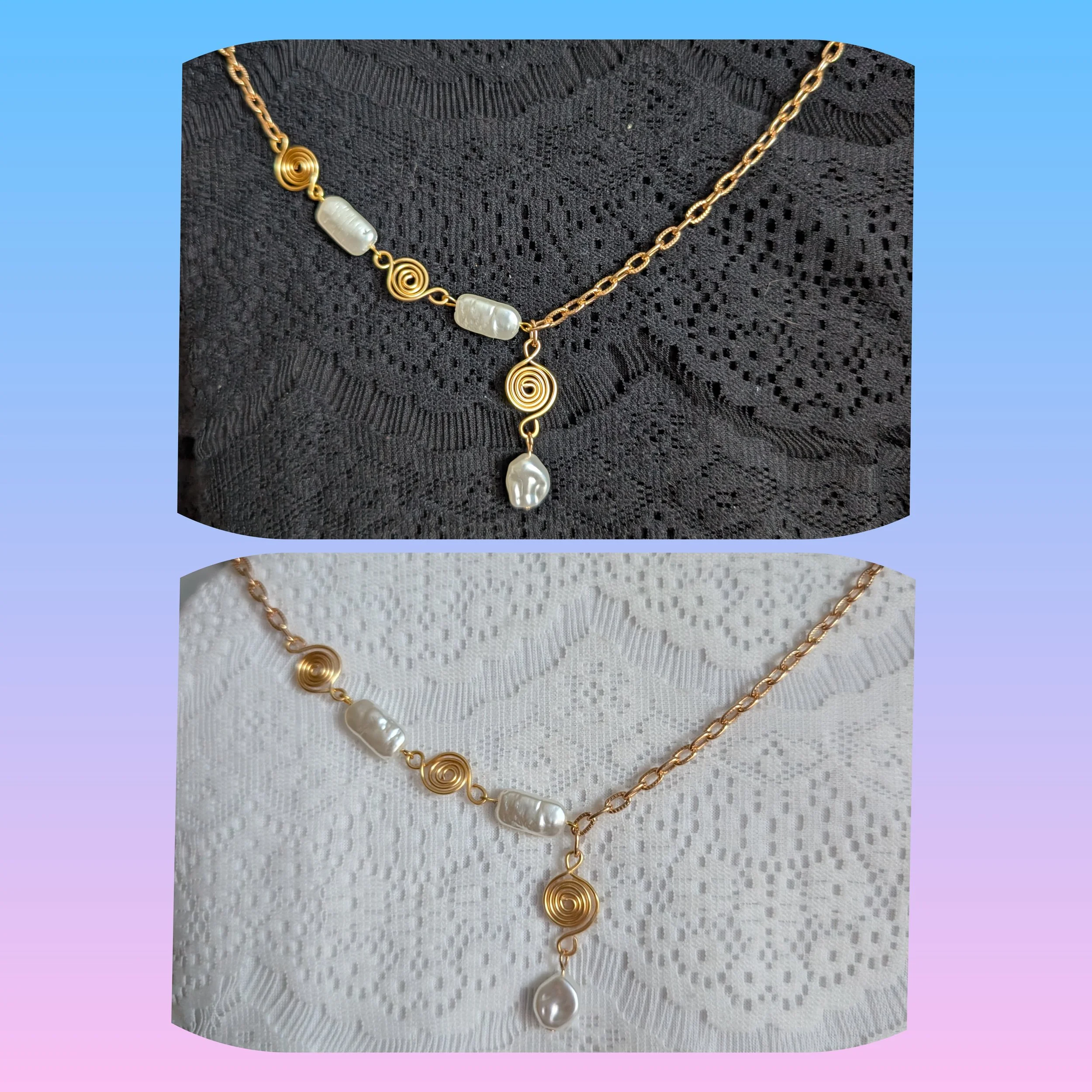 Wire Wrapped Gold Swirl and Pearl Dangle Necklace