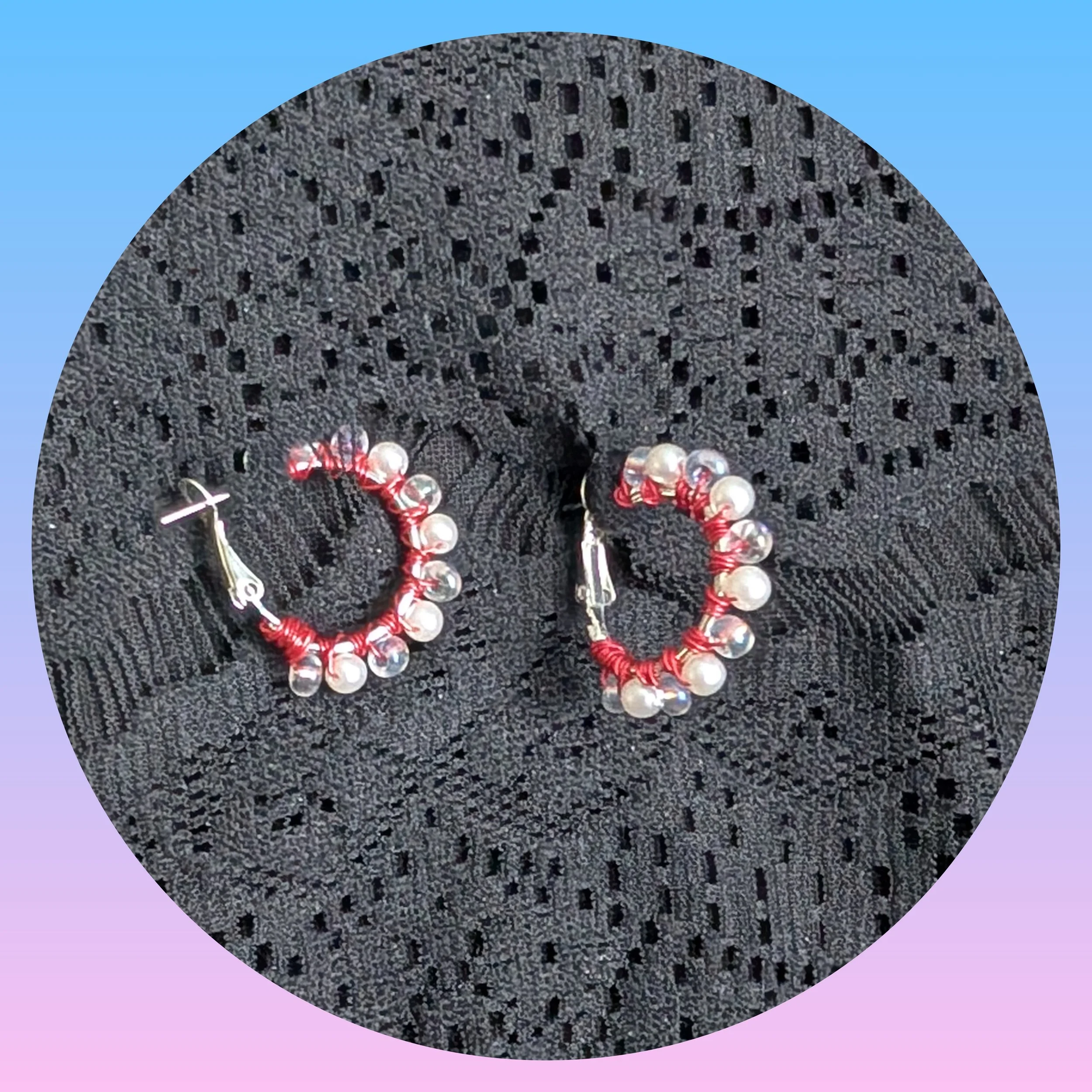 Wire Wrapped Red Pearl and Opal Small Silver Hoops