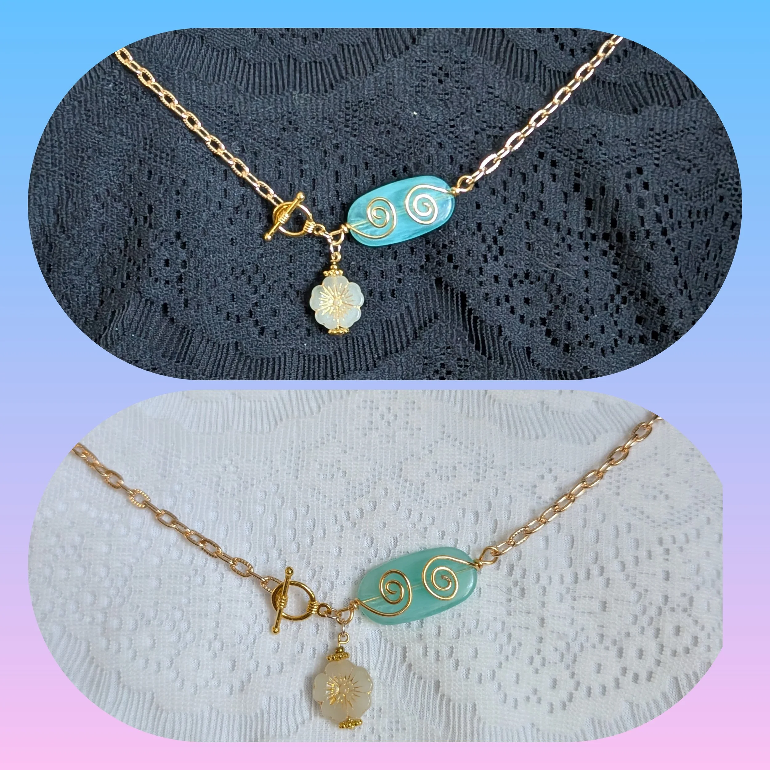 Wire Wrapped Gold and Jade with White Flower Necklace