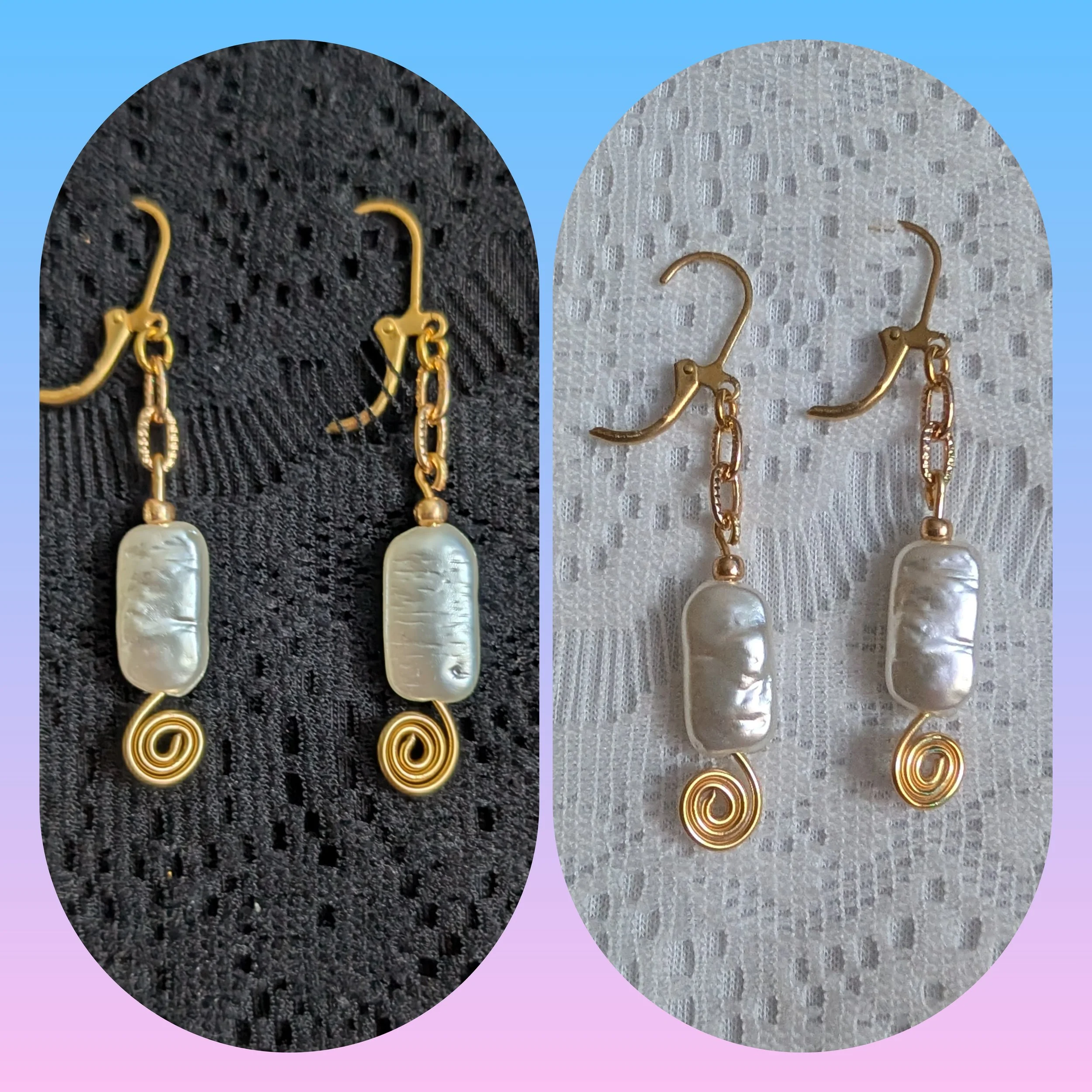 Wire Wrapped Gold Swirl and Rectangle Pearl Dangle Earrings