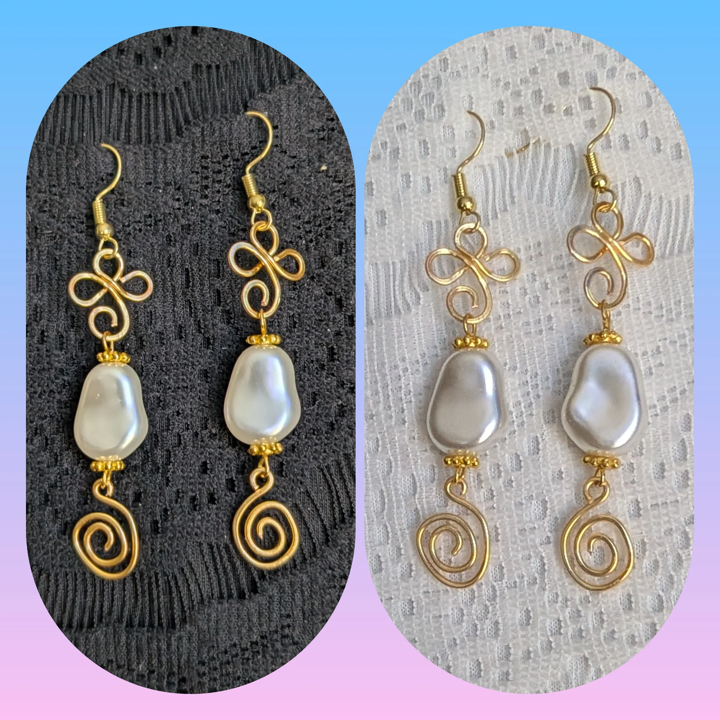 Wire Wrapped Gold Swirl and Pearl Dangle Earrings